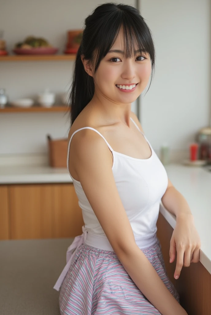 One Girl,Long Hair,smile, ((Naked Apron)),(kitchen) 、RAW Photos, (photoRealistic:1.37, Realistic), 8K wallpaper incorporating highly detailed CG, View your audience, (((Straight from the front))), (high qualityスキン:1.8, Shiny skin), 8K Ultra HD, Digital SLR, Soft lighting, high quality, Film Grain, Fujifilm XT3, ((Upper Body:1.6)), (Professional Lighting:1.6)、Big Breasts、No clothes、I&#39;m not wearing anything、No clothes、I want to see up to my knees:1.5、