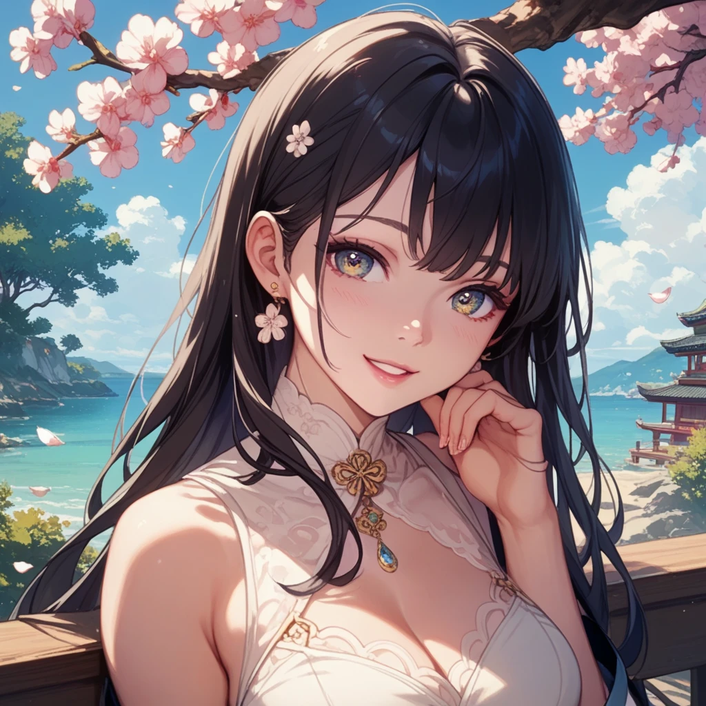 masterpiece, (最high quality), ((Most detailed)), Depth of written boundary, Beautiful girl, Beautiful Face, nature, Spirit, flower, Colorful sunset landscape, Flowers, butterfly, Glowing Dress, element, Random hairstyle,masterpiece, 最high quality, high quality, High resolution, Big Tits, ((Upper body portrait)), Random pose、Upper body portrait