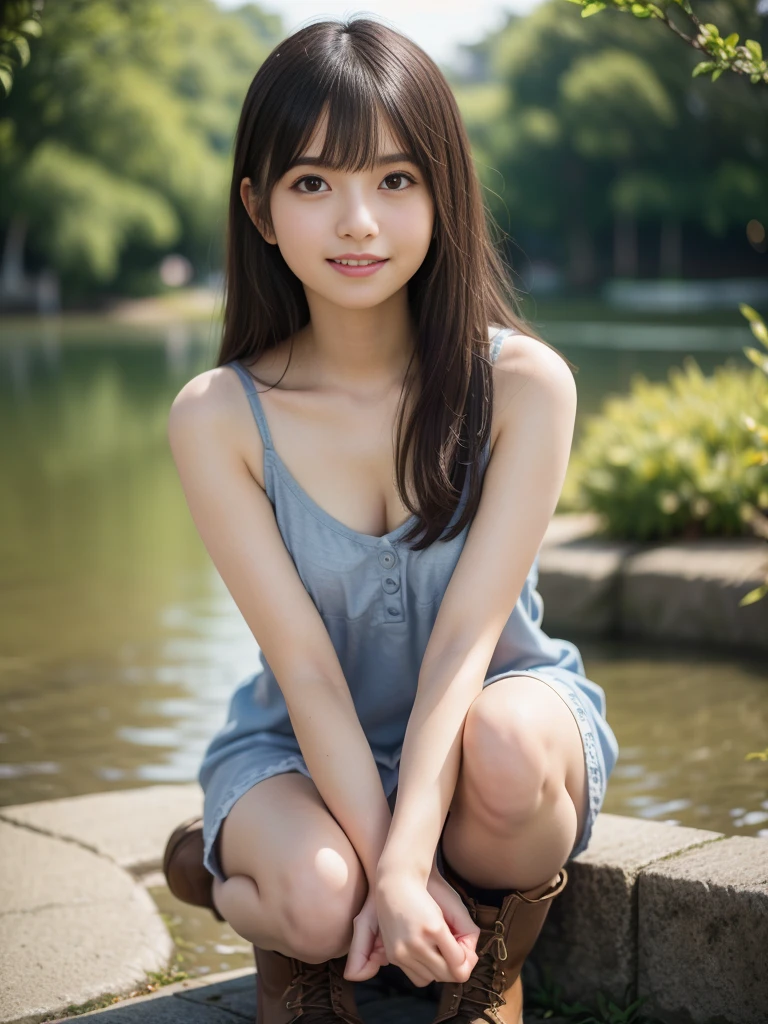 1 young girl, so beautiful, (So cute), (Highly detailed beautiful face), wonderful face and eyes, black haired, brown eyes, drooling eyes、no makeup、(camisole dress) , (highest quality:1.4), (Super detailed), 8k wallpaper that integrates high-definition CG, surreal, (Photoreal:1.3), RAW photo, professional photos, cinematic lighting, realistic portrait, (:1.3), ((Bokeh)), written boundary depth, looking here、17 years old、(Inokashira Park、Inokashira Pond、boat)、Full body Esbian、smile a little、beautiful feet、85mM Prime Lens f1.2