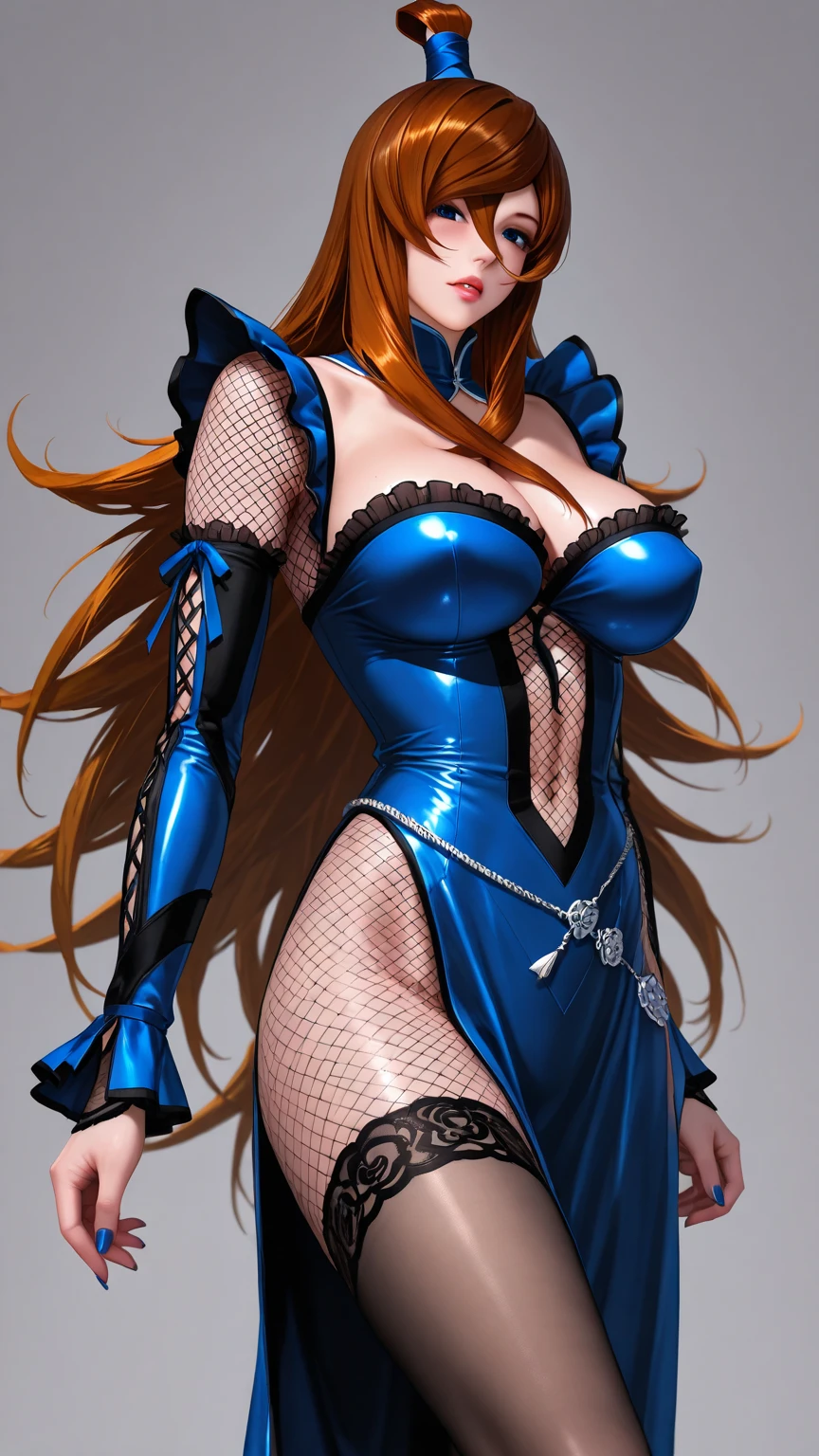 ((Unbeatable masterpiece, Perfect artwork, Intricate details, Best quality, High contrast)), battlefield, full bodyesbian, detailed golden eyes, beautiful eyes, one girl, full red lips, mischevious smile, large breasts, blue hair, long straight hair, blue tight latex clothes, exposed cleavage, looking down to the viewer