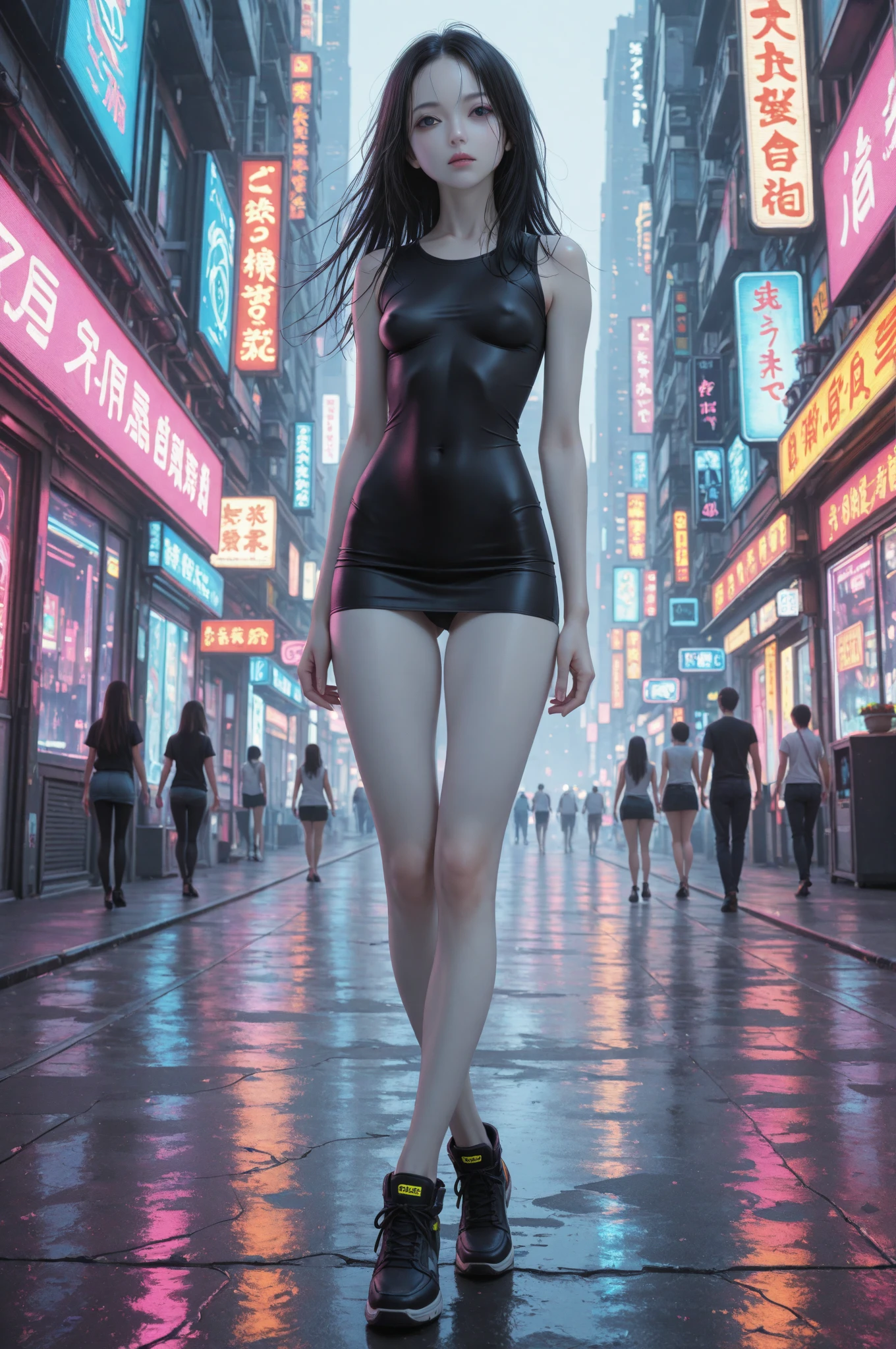 masterpiece,best quality,high resolution, 1 busty girl,from below,(The legs are very thin and straight)，,(Very long legs，Straight Legs),,High heel,Long legs,stand up, Leg length（From the front）, Perfect body,Have perfect legs,(bait)，whole body女，cyberpunk characters，Dynamic poses，1 busty girl，Exquisite eyes，Brown eyes，Eyeshadow，cosmetic，long gray hair， Delicate face， Exquisite eyes， looking at the audience， Blush Blush\（cosmetic\）， Full lips， red lips，（long gray hair：1.3）， （stand up）Mechanical static，Machine Summoning，(Hair accessories:1.1)，City，Luminous clockwork，，cyberpunk lamp:1.1)，Small face,Clear face,(radiant skin:1.5),(Pale skin),red lips,((Shoulder-length hair)),((Black Straight Bob)),Slim，Thin，Smile,Happy,(Black puffy jacket:1.3),(Under the coat is a black tight mini dress),(Long legs:1.2),(Clear black suspenders:1.2),(High heel:1.1),(cloudy:1.5),Dim Lights,(Everlasting:1.5),high-rise building,On the commercial street,(whole body:1.2),From the front,(rain:1.5),winter,Day scene,(Close-up shot:1.2),(Cowboy shooting:1.2),(Snow and mud on the ground),frog,haze,(Wet hair and clothes:1.5)