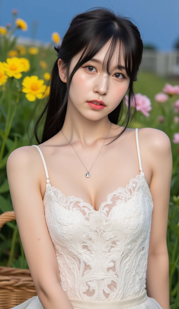 ((Best of the highest quality, 8k, Masterpiece: 1.3, raw photo)), Sharp focus: 1.2, (1 AESPA girl: 1.1), (Solo: 1.18), (realistic, photo-realistic:1.37), face focus, cute face, finely eyes, (Small breasts, flat chest: 1.3), full nude, (neat silk camisole: 1.4), short messy hair, updo, (lying on grass: 1.2), garden, flower