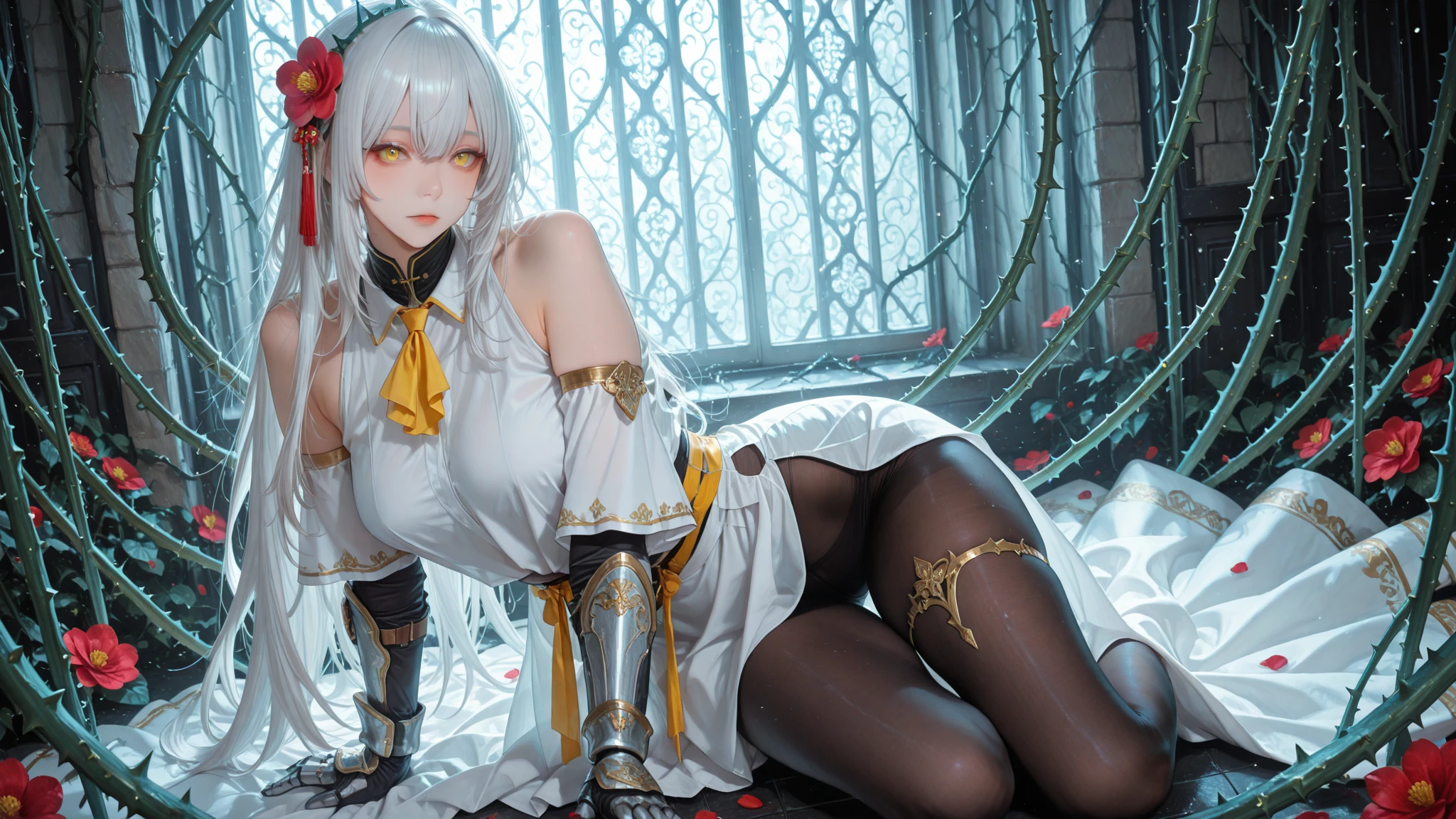 ((Best Quality)), ((Masterpiece)), (Details: 1.4), 3D, A Beautiful Female Knight, (Long White Hair: 1.9), (Red Eyes: 1.7), (Armor: 1.5), Sabre, Temple Background, Gothic Chapel, HDR (High Dynamic Range), Ray Tracing, NVIDIA RTX, Super-Resolution, Unreal 5, Subsurface Scattering, PBR Texture, Post Processing, Anisotropic Filtering, Depth of Field, Maximum sharpness and sharpness, multi-layer textures, albedo and highlight maps, surface shading, accurate simulation of light-material interactions, perfect proportions, Octane Render, two-color light, large aperture, low ISO, white balance, rule of thirds, 8K RAW,