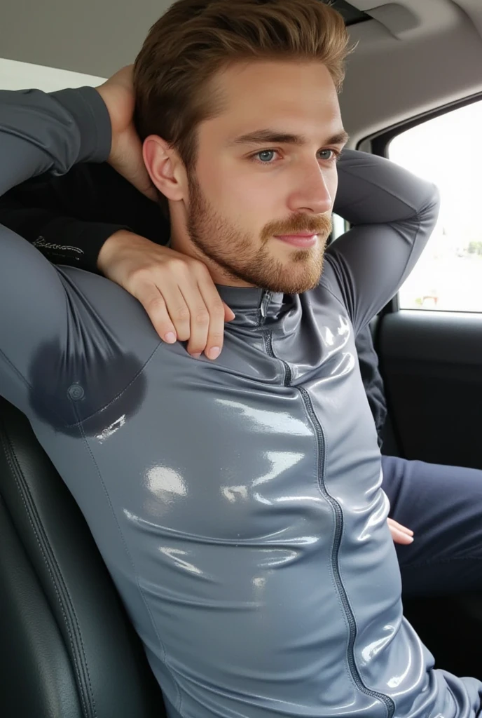 ((masterpiece)), ((best quality:1.2)), High Resolution, 8k, (ultra_realistic:1.3), (photorealistic:1.4), sharp focus, highly detailed, yaoi, ((1boy)), an attractive Caucasian fit muscular male, perfect handsome young toned male, ((long_sleeve_pants thin pure white_compression bodysuit:1.4)), messy short black hair, (arms up, tiredly yawning, sitting in the space ship, separated legs, open mouth, closed eyes), (circle light bar, futuristic spaceship cockpit background), detailed skin texture, ((handsome clean shaved face)), shiny white skin, (broad shoulders), ((detailed muscular biceps and triceps:1.3)), (muscular thighs), long toned legs, toned abdomen, narrow waist, hip bones, (close up shot), cinematic, crystal clear, (global illumination:1.2), (subsurface scattering:1.1), (area light:1.2)