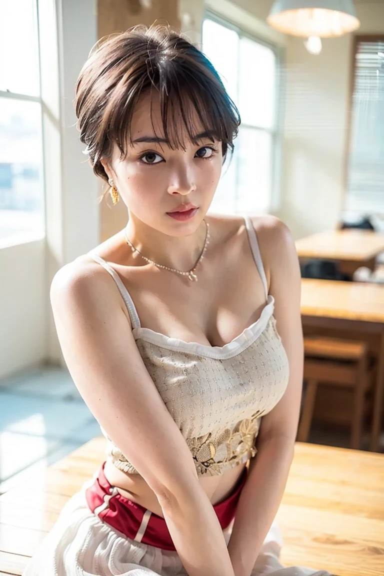  Highest quality, shape, Very detailed, finely, High resolution, 8k wallpaper, 完璧なダイナミックな構shape, Beautiful and exquisite,  Natural Lip, whole body, Navel exposure, front,bangs、University classroom、Floral Bikini、Brown Hair、(((Thighs)))、The correct five fingers、Looking into the camera,