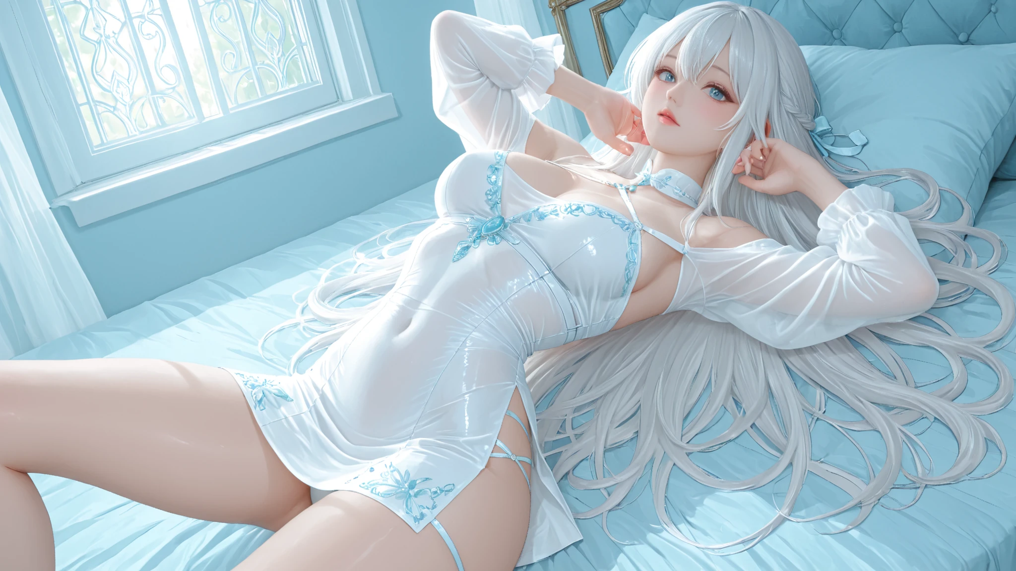 Girl with long straight (silver hair) (blue eyes), beautiful, thin, flat, tall (wearing a white sheer dress)), one with long hair, the other with short women, ((white sheer blouse, no black miniskirt)), underwear bitten, sexy pose, lower body slender, back figure, gaze by the window, buttocks sticking out, on all fours, buttocks facing away, provocative