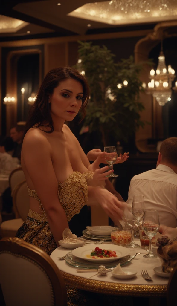 Masterpiece, best quality, candid portrait color photograph of a gorgeous gregarious ginger woman wearing an elegant and risqu outfit with deep cleavage, laughing happily while in conversation with other people, at a gala party in an opulent manor, by Henri Cartier-Bresson