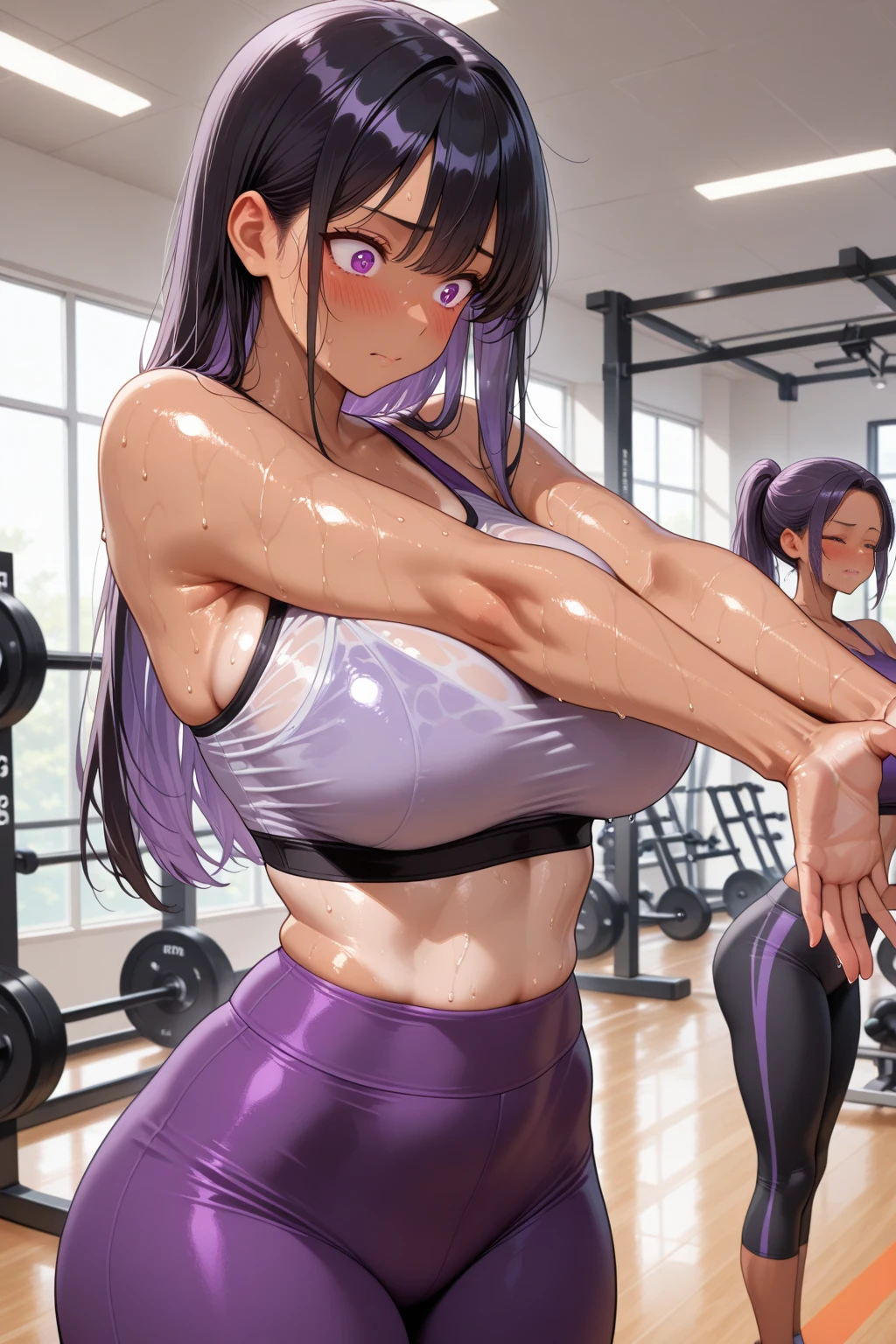 gym, workout, hot, sweating, sweaty, tan, big boobs, tan skin, flustered, blush, purple clothes, see thru, yoga pants, black hair, soaked, wet, naked boobs, cleavage, running, running on treadmill, girl running on treadmill, in pain, painfull, running, sprintimg, running, curvy, purple yogapants, purple pants, ponytail, bouncing breasts, bouncy breasts, curvy woman, eyes clo, closed eyes