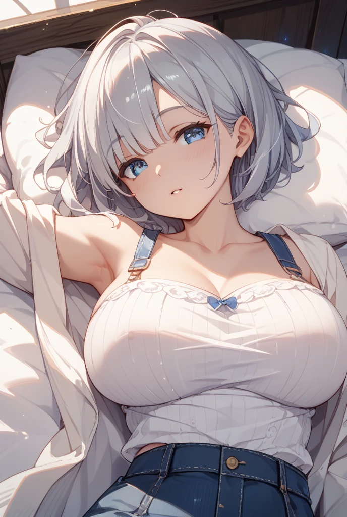 nsfw,1girl,pale hair,Crevice,Cleavage,pallid,pale colors,pale eyes,masterpiece,best quality,very aesthetic,absurdres,blue eyes,nightgown lift,