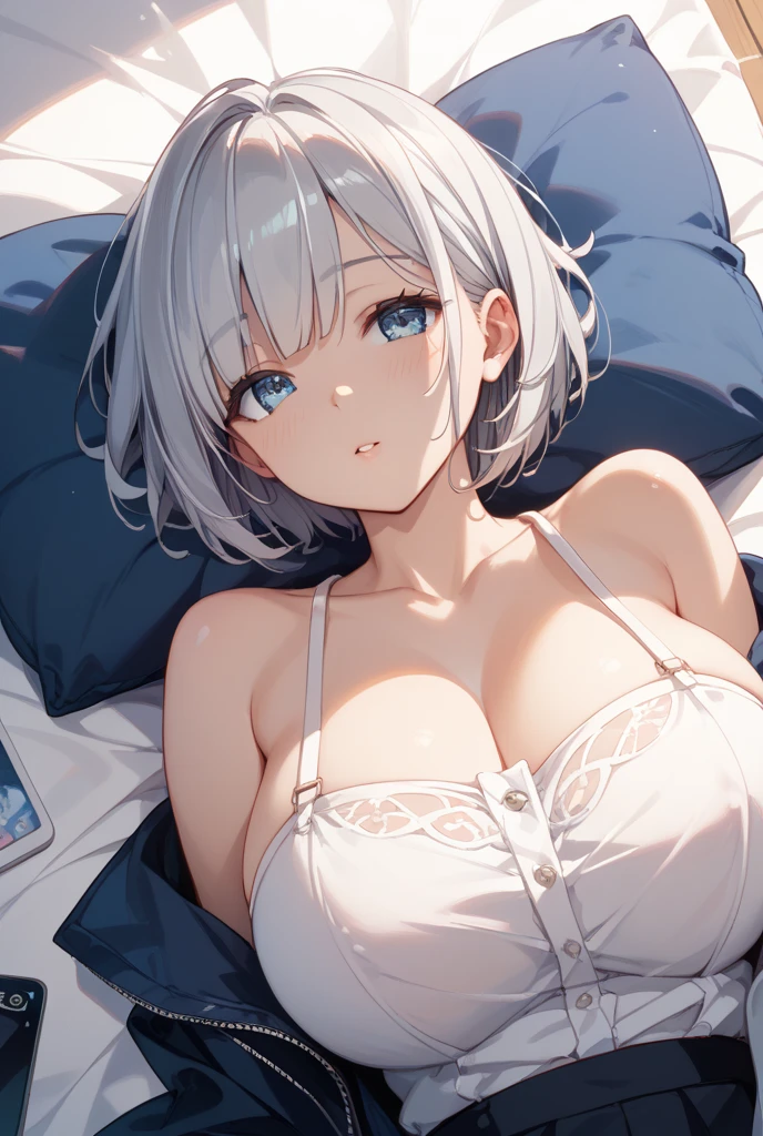 table top　High level image quality　best image quality　8K　adult　 lady（I）　portrait　white long gloves　white stockings（（blanche））　white lingerie（Tube top）　wolf ears　short hair（（shortcut）（gray hair）（perm）（fluffy））　eye color is blue　troubled face　With background（Bedroom）　spread legs　bent forward