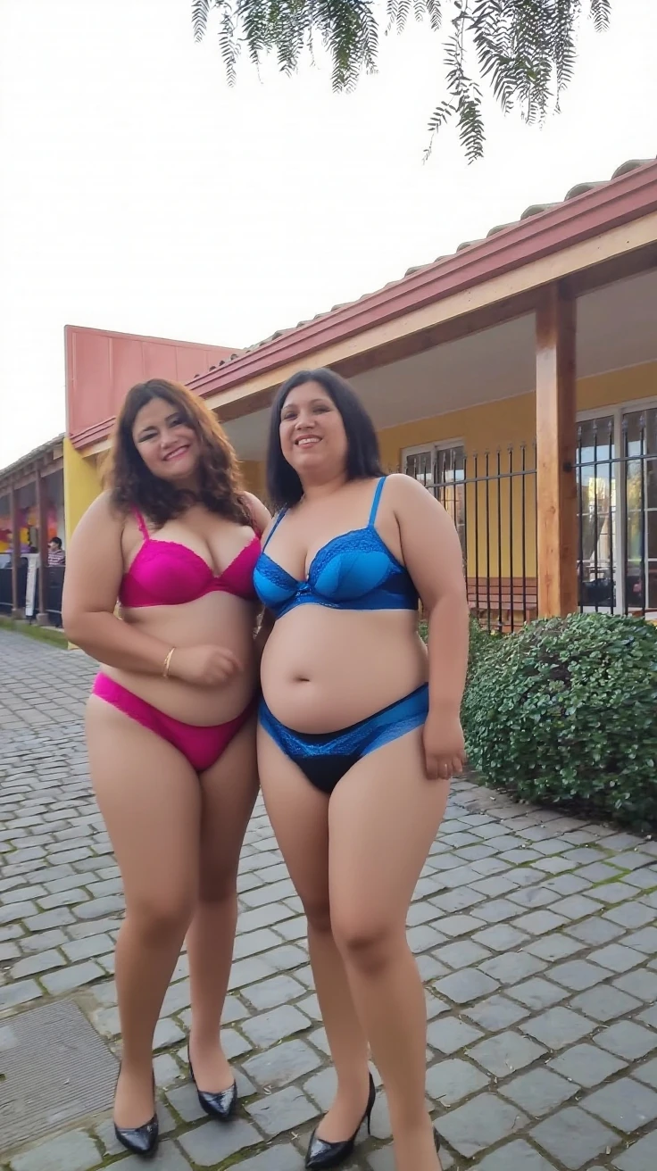 two 51 years old chubby fit milf ladies wearing a  bikini that transparent her fit belly. Arabian look. blue eyes. pearcing, two piece bikini. red chubby lips, ultra realastic, in the bed room, wet, wearing tower; with her black american friend. bikini is textured with flowers in white background