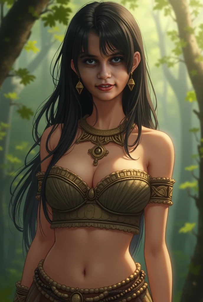 (masterpiece, best quality:1.3), 1girl, solo, chel_eldorado, black hair, long hair, blunt bangs, brown eyes, dark skin, lipstick, (Wearing: tube top, loincloth, emerald bracelet's and golden earrings:1.2), collarbone, bare shoulders, medium breasts, cleavage, midriff, wide hips, (Background: Outdoors, view of the rainforest, Inca temples in the surroundings), detailed background, detailed face, detailed eyes, hands on hips, looking at viewer, she's looking at the camera with a flirtatious smile
Big boobs 