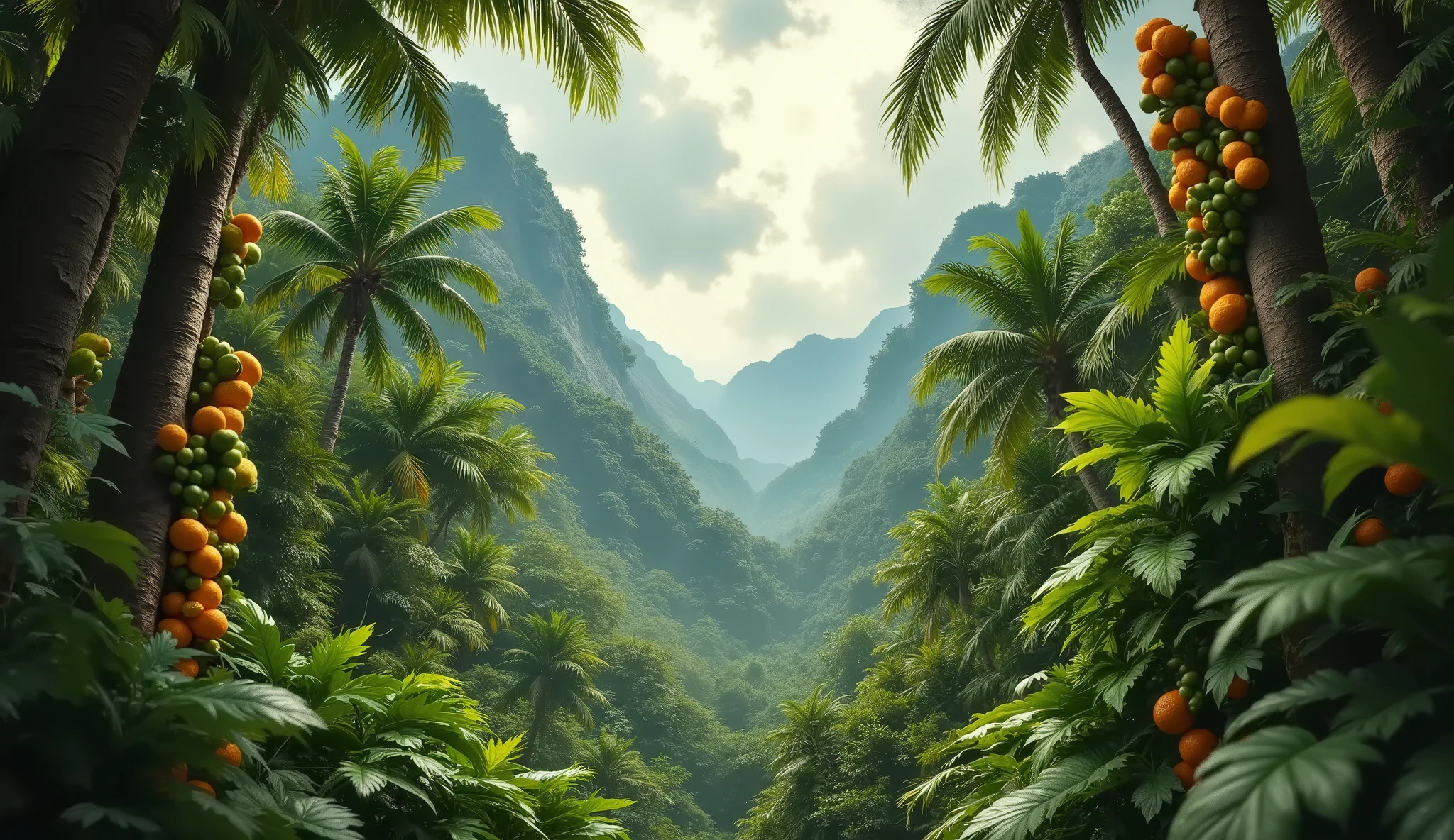 beautiful forest jungle with fruit trees, warm tone, 32K UHD, hyperrealistic, cinematic scene, blockbuster dynamics, Raw Image