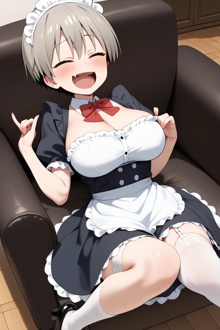 one person、low length、Young Girl、Bangs、Short Bob Hair、Headband、ribbon、Gray Hair、Blue Goth Clothes、Blue maid outfit、Open your legs、Pussy、Dripping a lot of thick white love juice、blush、Close your eyes and scream、Sweat、See-through clothing、Big Breastasturbation、masturbation behavior、Striped underwear、Picking Pussy、Transparent nipples、Soaking wet