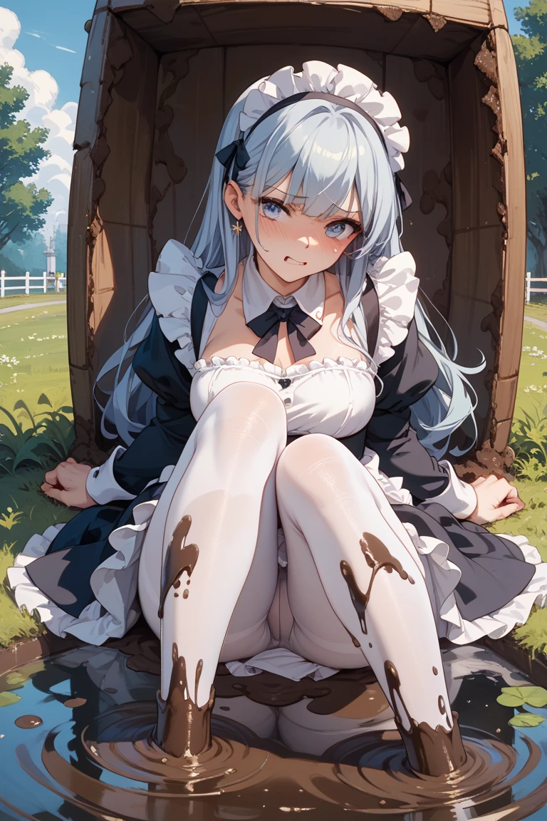 highest quality、masterpiece、((1 girl))、((smile:1.5))、(blush:1.5)、black shirt、blouse、((fun!!))、(small breasts)、(dog ears)、(silver hair)、()、((white apron:1.5))、((maid))、((hair ornaments)),、Kamimei、look at me、 ((in house:1.5))、 Take a break to watch the audience、((shaved pussy:1.5))、(highly detailed closed labia:1.5)、((pee is coming out:1.8))、peeing、light blue eyes、long hair