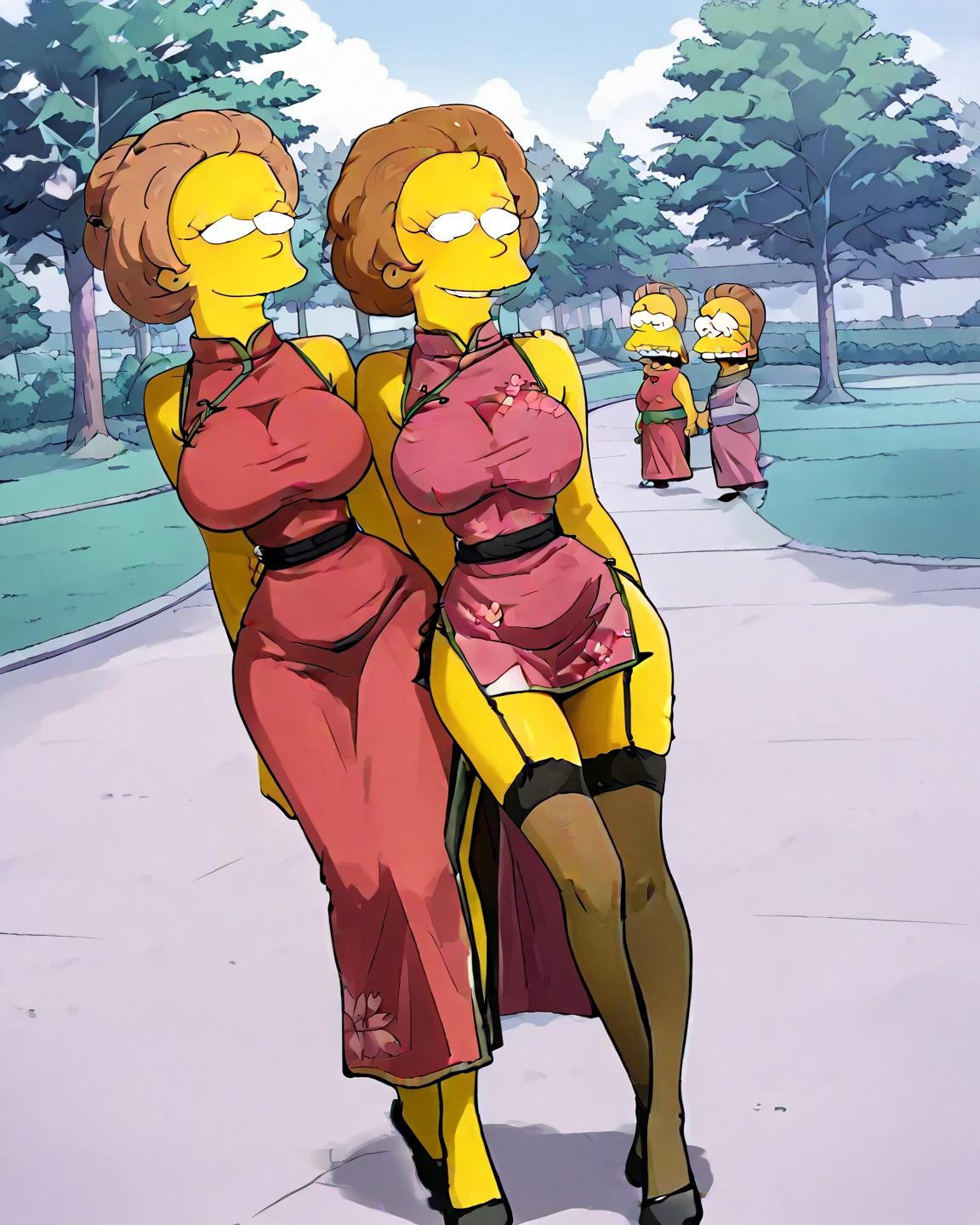 Adult woman Milf 40 years old short red hair emerald green eyes and freckles on her face, wearing yellow jumpsuit with neckline up to the waist, huge breasts, exaggerated breasts, huge breasts, posing sensually on the street of the big city during the day