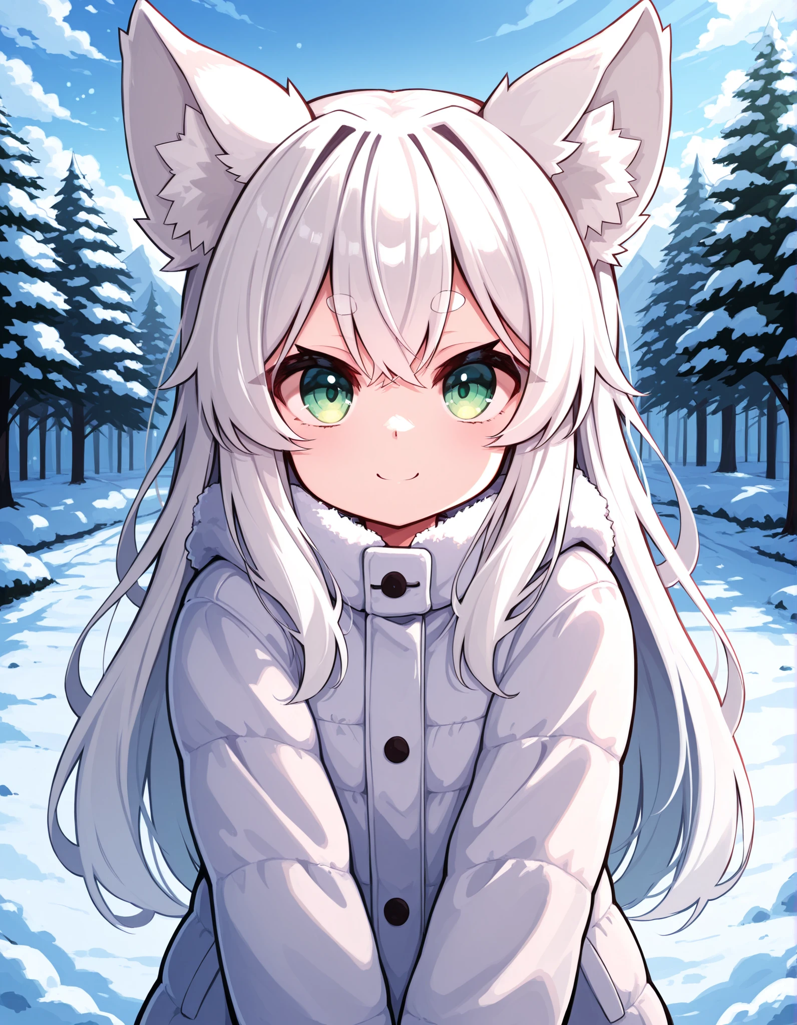 y4s1d1p,, anime, solo, BREAK, young fox girl, skinny and frail, (petite,cute:0.5), green eyes, looking at viewer, long hair, white hair, smile, winter clothes, outdoors, winter,