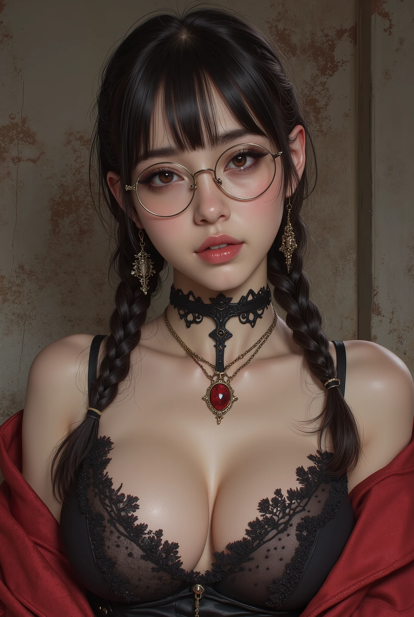 OKですかですか、(best illustrations)、8k UHD resolution、intricate details、highest quality、realistic、Super detailed、best lighting、best shadows、soft lighting、Ultra HD、超realistic、Tyndall effect、Photoreal、(high detail skin:1.2)、 (intricate details, compensate, face to face with the children_v1:0.5), (OK, beautiful and delicate face, OKですか, beautiful and delicate eyes, perfectly proportioned face, high resolution skins, fine skin, Optimal ratio of 4 fingers and 1 thumb, arm under chest, red tattoo on lower abdomen、Wow wow, wide hips, smooth abdomen, thin and thin skin, __fashion__, __hair__:1.25)、Digital single-lens reflex camera、 absurd、(table top: 1.3), (maximum resolution: 1.2), (Ultra HDTV: 1.2), cinematic light, fine eyes and skin, detailed facial features, , (sharp focus: 1.2）, (focus on the face:1.2),perfect style, beautiful face, acura, anatomically correct, Highly detailed face and skin texture, fine eyes, double eyelid, thin eyebrows, glitter eyeliner: 1 natural cheeks, Glossy skin, Fair skin: 1.2, (glossy lips: 1.4),(embarrassed look: 1.2),Highly detailed face and skin texture, fine eyes, double eyelid, natural cheeks,  glossy lips: 1.4,exposed cleavage、Bewitching。charm、 Beautiful devil woman from hell, Surreal female portraits by David Hockney and Alphonse Mucha, charm女性の肖像画、fantasy art, Chinese humanoid、chinese actress、dungeon、dragon、devil&#39;palace of、devil&#39;torture chamber、night、dark style 、in the dark、(detailed spooky background:0.8), magic、 1 girl、evil nun、dark necromancer、Succubus、devil&#39;Daughter of、Shinonome Umi、bat wings，(((devil&#39;Horn)))、 ((((giant glasses, otaku glasses, thick glasses, round glasses)))),(((big breasts)))、(devil&#39;Tail)、(red eyesは光り輝いて:1.6)、red eyesは非常に鮮明で詳細です, your eyes are made up so beautifully, ((red eyes:1.0)),intricate tattoo, demonic intricate tattoo, tattoo on thigh, body tattoo, masterpiece、最もbeautiful face、baby face、cute smile、beautiful plump red lips、筋肉のcharm体、devilのcharm体、devil style、charmブラックマジックコスチューム、The long-haired、Braid、Black hair、Ponytail distortion、, Ponytail with a bow tied at the back of the hair, beautiful expression、body up、big breasts強調、bust,  super tight chest, Breast augmentation surgery, Breasts are very big and round,tight waist、wide ass、 secret key, cowboy lens, (black phoenix dress: 1.0),  devil crown,  red sparkling gemstone necklace、Jewelry G Wise,  Please wear black mesh socks,Wear light red、nffsw, nffsw, meet beautiful girls, look at the girl&#39;body of,
