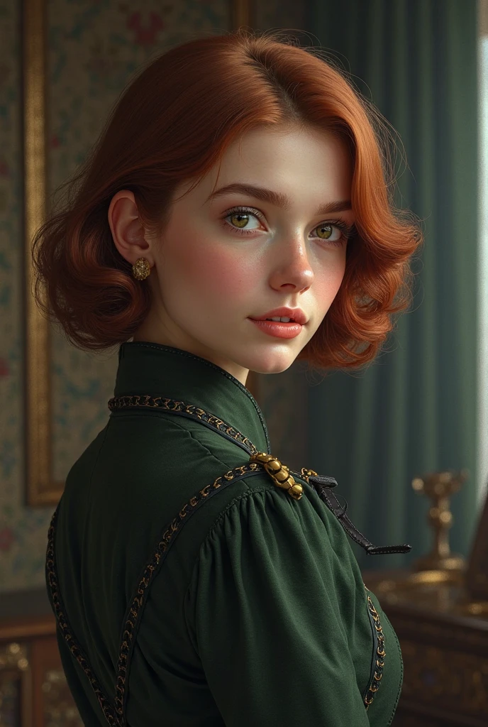 8k, Masterpiece, Top Quality, Eye-level,  red hair,  wavy bob,  pale skin,  blue eyes,  teal dress,  Peter Pan collar,  bow tie,  serious expression,  seated pose,  hands clasped,  floral wallpaper,  yellow door frame,  hanging lamps,  antique setting,  wooden desk,  soft lighting,  muted colors,  1930s-40s aesthetic.