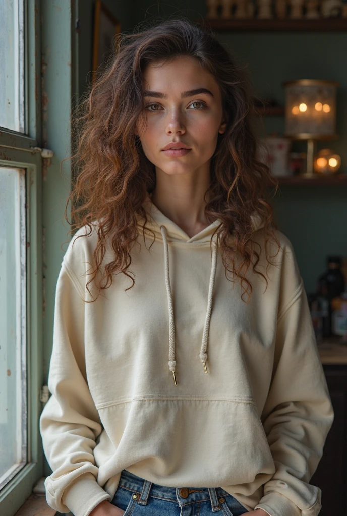 A young woman with dark, flowing hair and a serene expression sits gracefully on a beige sofa. She wears a fitted, buttoned tunic that accentuates her figure, paired with tight pants that highlight her shape. Her head is partially covered by a soft hood, adding a touch of modesty to her attire. The muted, neutral tones of her clothing and the background create a peaceful and intimate atmosphere. What is she thinking about? What stories lie behind her calm demeanor?"