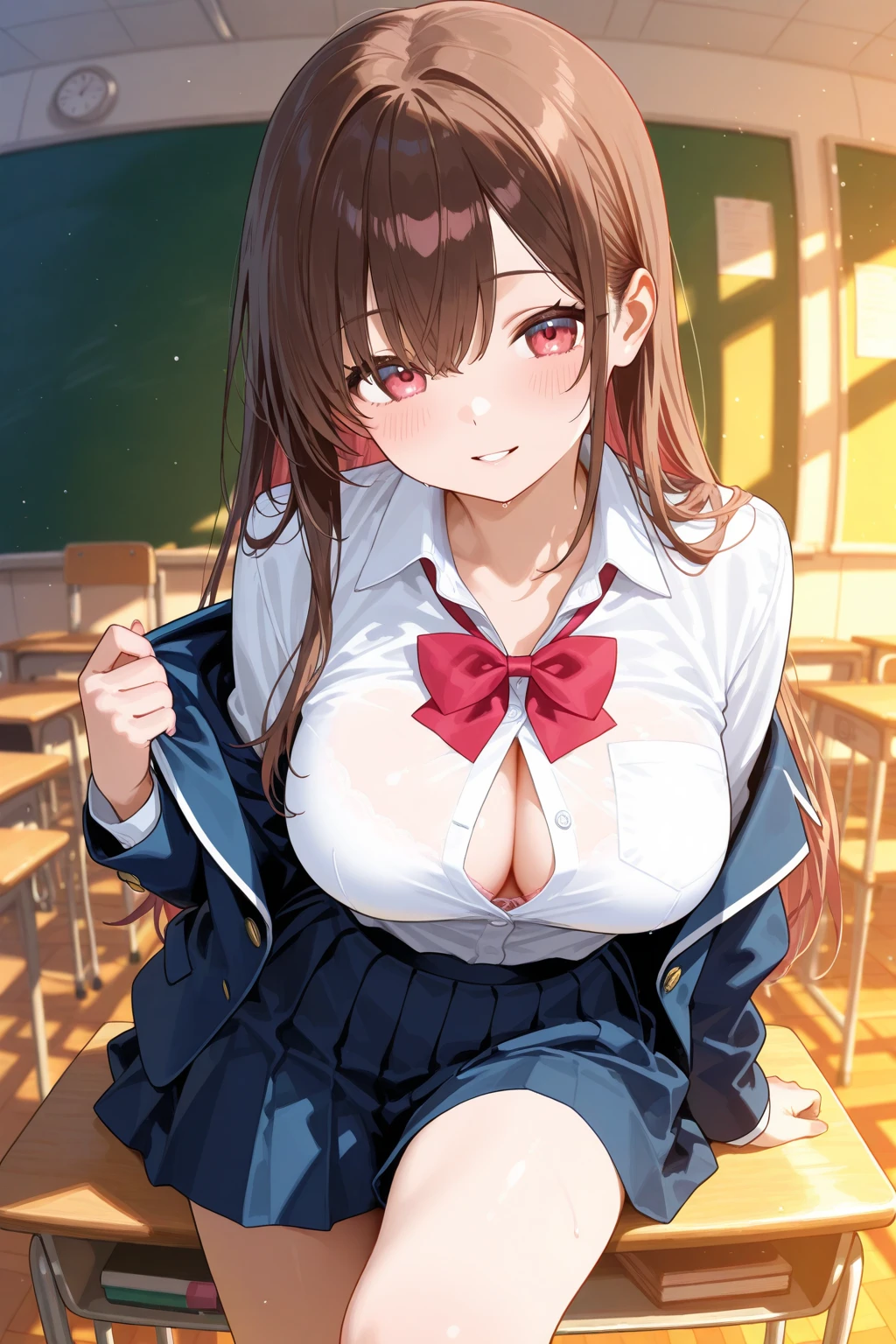 ((masterpiece)),(best quality),official art,extremely detailed CG,unity 8k wallpaper,ultra detailed,beautiful detailed eyes,extremely detailed face,outdoors,1girl,solo,upper body,(portrait:1.5),looking at viewer,facing viewer,smile,Asakura Madoka,ahoge,very long hair,brown hair,hairclip,feathers,hair ribbon,black ribbon,x hair ornament,hair between eyes,bangs,brown eyes,blush,:d,black choker,heart choker,school uniform,blazer,black jacket,wing collar,open jacket,collared shirt,white shirt,dress shirt,neck ribbon,red ribbon,long sleeves,button,medium breasts,open clothes,open shirt,nipples,miniskirt,white skirt,pleated skirt,black pantyhose,loafers,<lora:Asakura Madoka(msob jk haieds):0.8>,