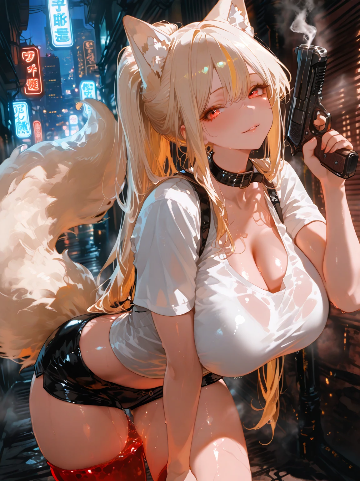 Anime Kawaii sexy Perfect Slim sensual body large breast and huge thighs, An intricate and highly detailed illustration of anime (Young girl) 最high qualiy、best quality image、work of art、adolescent((18-years old、 Becoming、vest bust、medium bust,wide open breast tea、Black eye, hair blonde、Usual hair、long hair、fine tune,higher valley、black tank top with navel、blue shorts、Holding a spray can、smug face、leaning forward)),high qualiy、linda arte、fund((Shining city、wand、graffit、paint))debris flies、Written limit depth、film、visual artwork、Perfect artwork、8k,genuine