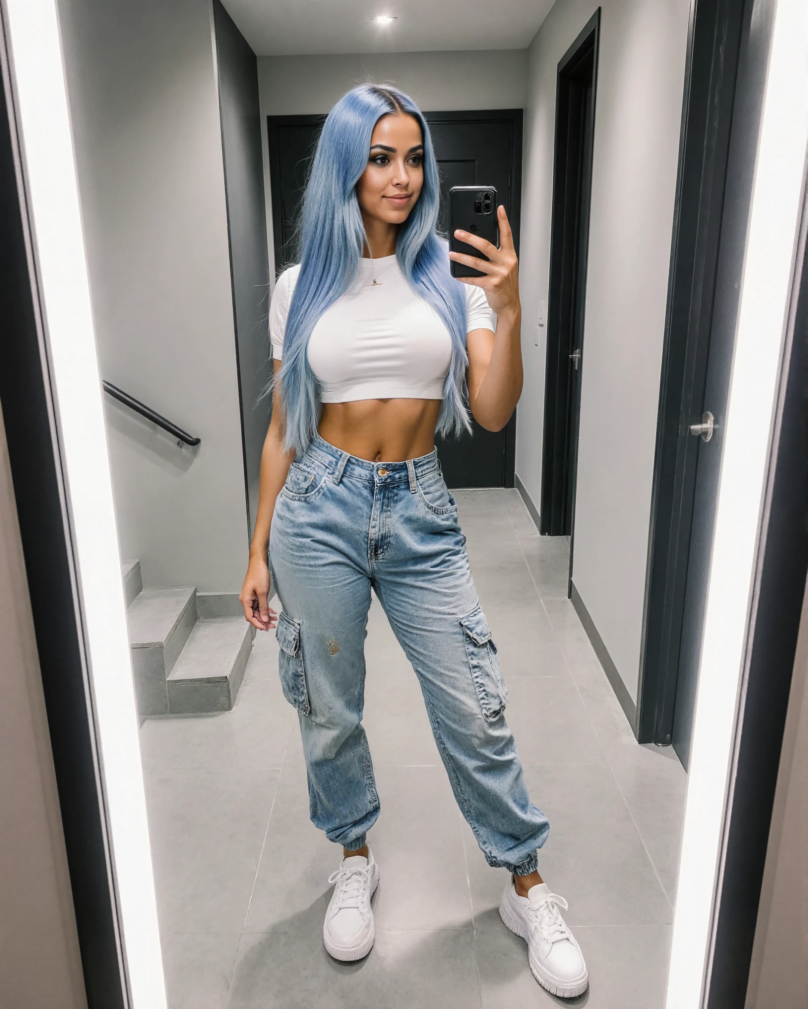 img_325.HEIC. A young woman, fair-skinned and likely of Latin American or Hispanic ethnicity, with elongated light brown eyes (emphasis: 1.5) and hyper-realistic light blue hair, long and smoky on the sides, creating a voluminous effect in the center. A bodybuilder, slender, elegant, and in medium close-up. Her entire body is visible, with a ribcage with detailed skin and defined muscles, and a delicate, feminine abdomen. A young woman with light brown skin is the central subject. She is taking a selfie, positioned from mid-thigh up, centrally in the frame. She has long light blue hair and is wearing a short-sleeved white crop top and faded light blue cargo pants with large pockets. She wears white platform sneakers. Her facial expression ranges from neutral to slightly pleasant. Her body appears athletic and curvy. The setting is a well-lit hallway or indoor space, likely a dressing room. The floor is light gray/white tile. In the background, part of a staircase and walls are visible. The walls feature light gray and black accents, and linear light fixtures are visible. The lighting is bright and even, without casting harsh shadows. The composition is a standard selfie view, and the perspective is slightly lower, reaching mid-thigh. The overall style is casual, modern, and avant-garde. The color palette is predominantly light tones, with touches of vibrant blue and gray. A smartphone is visible in the woman's hand, reflected in the mirror. uschi, (light blue hair: 1.4), perfect fingers, perfect hands, nsfw. (((light blue hair)))