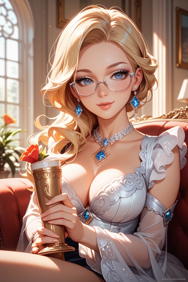 Text: ("Betherz15"), (realistic comic style), faceless woman, facing viewer, leaned back, wine glass, fair skin, 70s feathered hair blonde, black thin cateye shaped glasses, diamond encrusted necklace, diamond encrusted earrings, white art decor feather headpiece, long white feather boa, 80s silver clubbing dress, white sleeve gloves, jazz lounge, red velvet sofa, volumetrics, professional quality, movie angle, serious, elegant