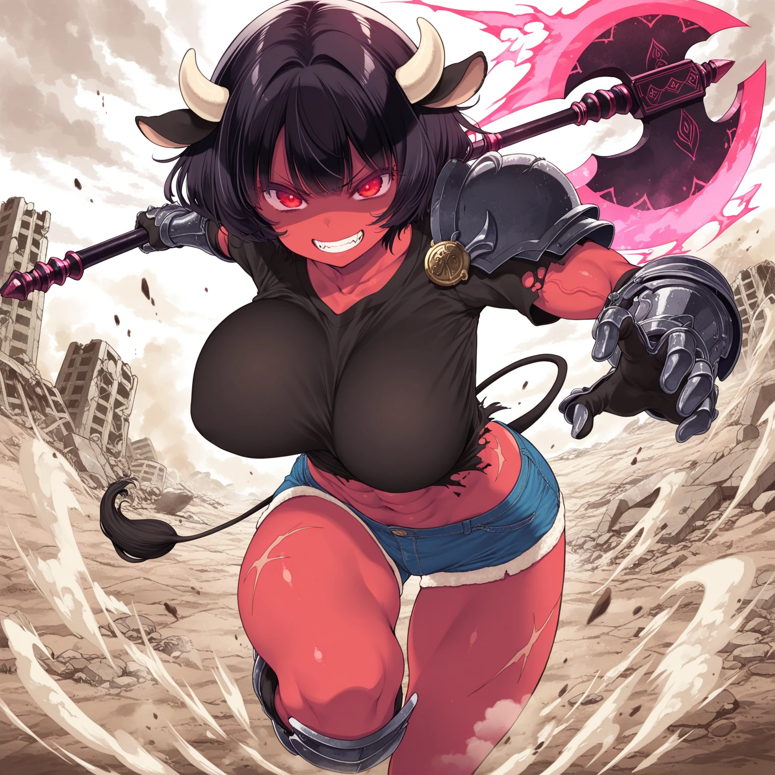({masterpiece}},{best quality,}，white background,full body,fantastic,1 female demon，Aggressive，，Red skin，Horns，Chainsaw sword，Brass decoration，Strong muscles，Sexy，({masterpiece}},{best quality}