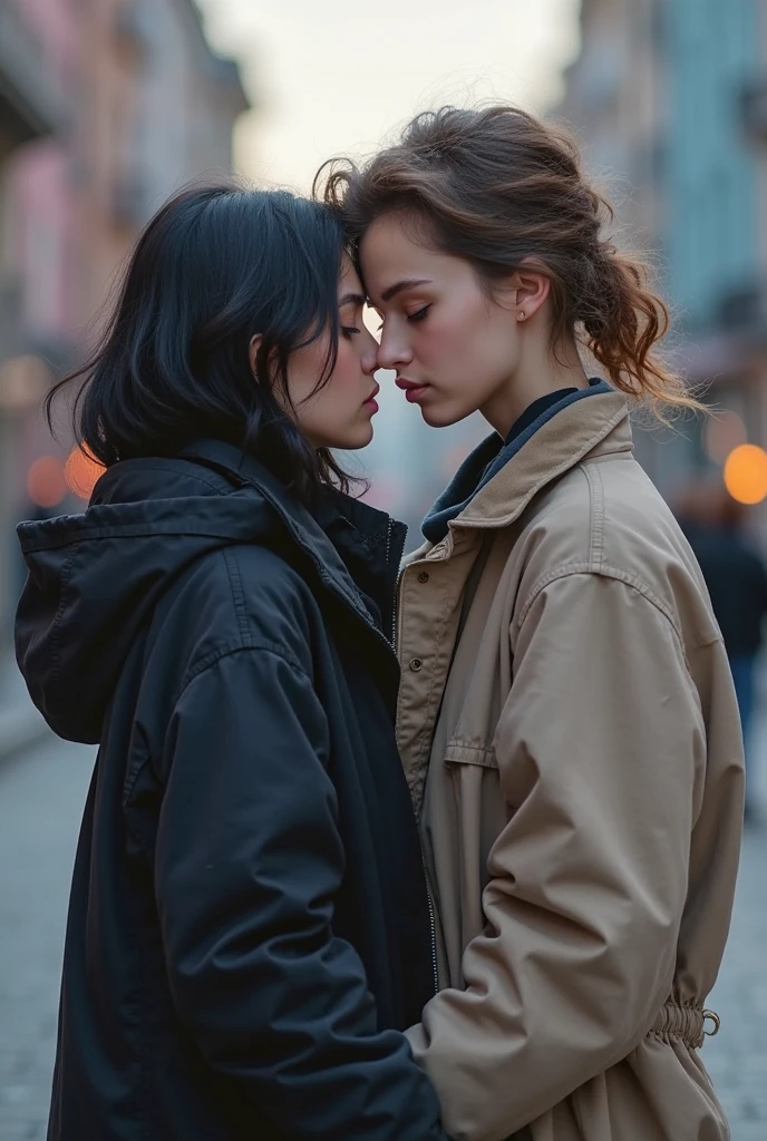 A beautiful rapas kissing a beautiful girl in a park cold clothes(( realistic photo))