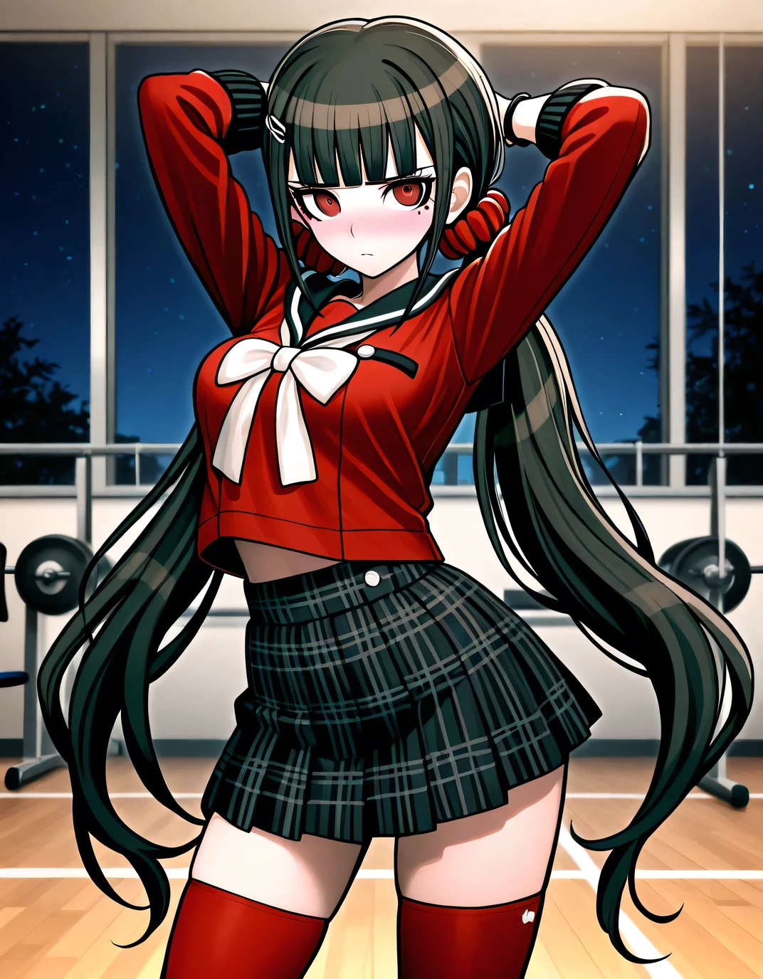 Maki Harukawa DRV3, masterpiece, long hair, bangs, black hair, hair ornament, red eyes, twintails, very long hair, hairclip, blunt bangs, mole under eye, low twintails, scrunchie, Hair scrunchie, Red Scrunchie,   skirt, shirt, thighhighs, long sleeves, bow, school uniform, pleated   skirt, serafuku, black   skirt, sailor collar, mole, bracelet, zettai ryouiki, plaid, plaid   skirt, red shirt, black sailor collar, red thighhighs, , high quality, alone, cowboy shot, ((contrapposto)), arms behind head, closed mouth, night, gym, looking at viewer, shy, wavy mouth, blushing, best quality