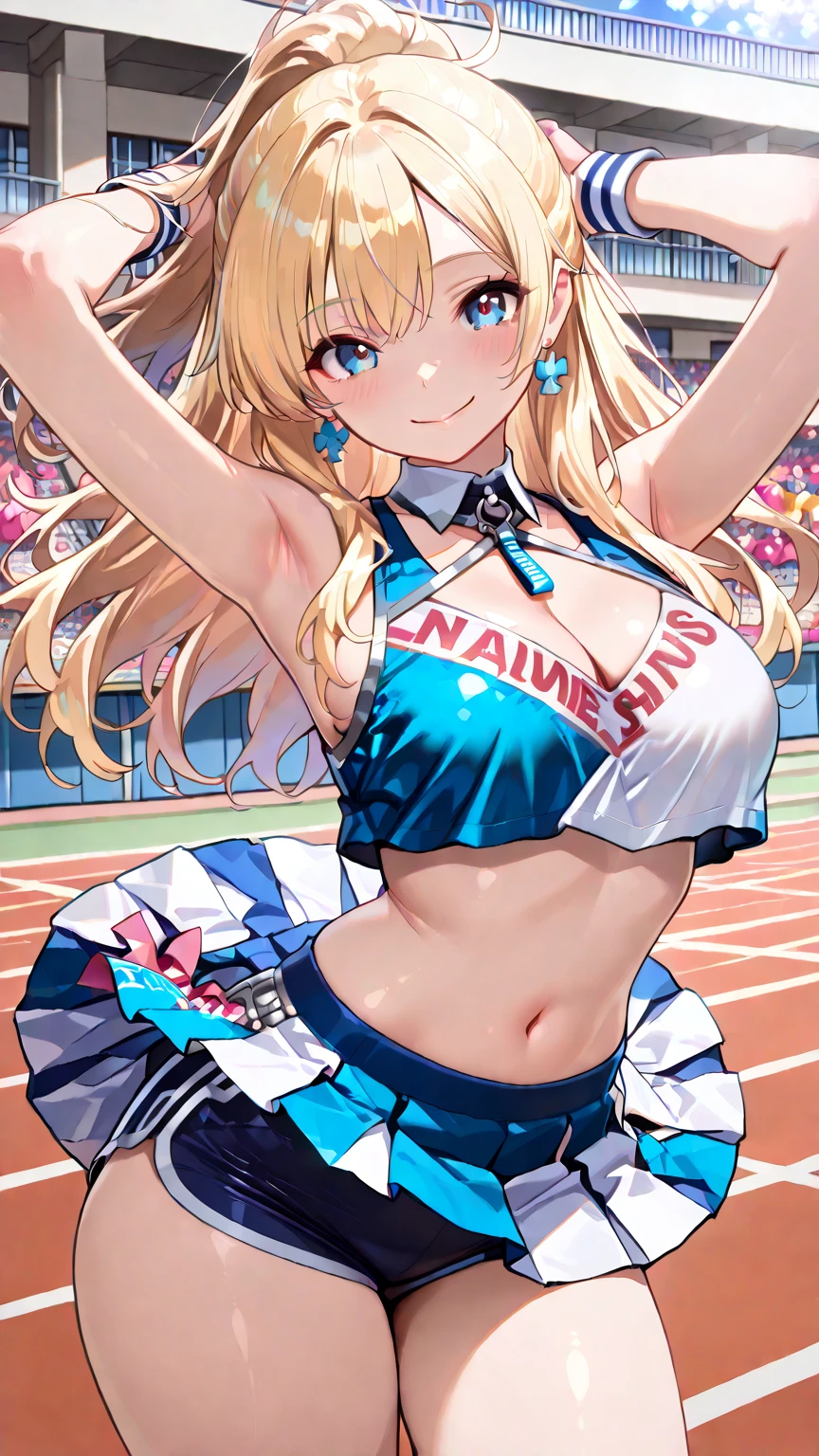 1girl, luminernd, large breasts, cheerleading uniform, belly, night, stadium background, smiling