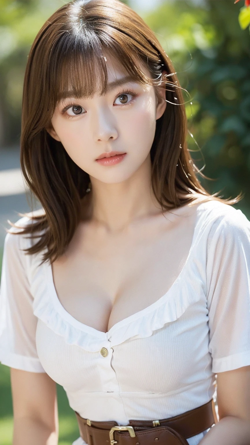 1girl, solo, flower, breasts, parted lips, looking at viewer, black hair, corset, long hair, realistic, black eyes, upper body, pink flower, bare shoulders, lips, collarbone, outdoors, cleavage, head tilt, medium breasts, brown hair, bangs, day, red lips