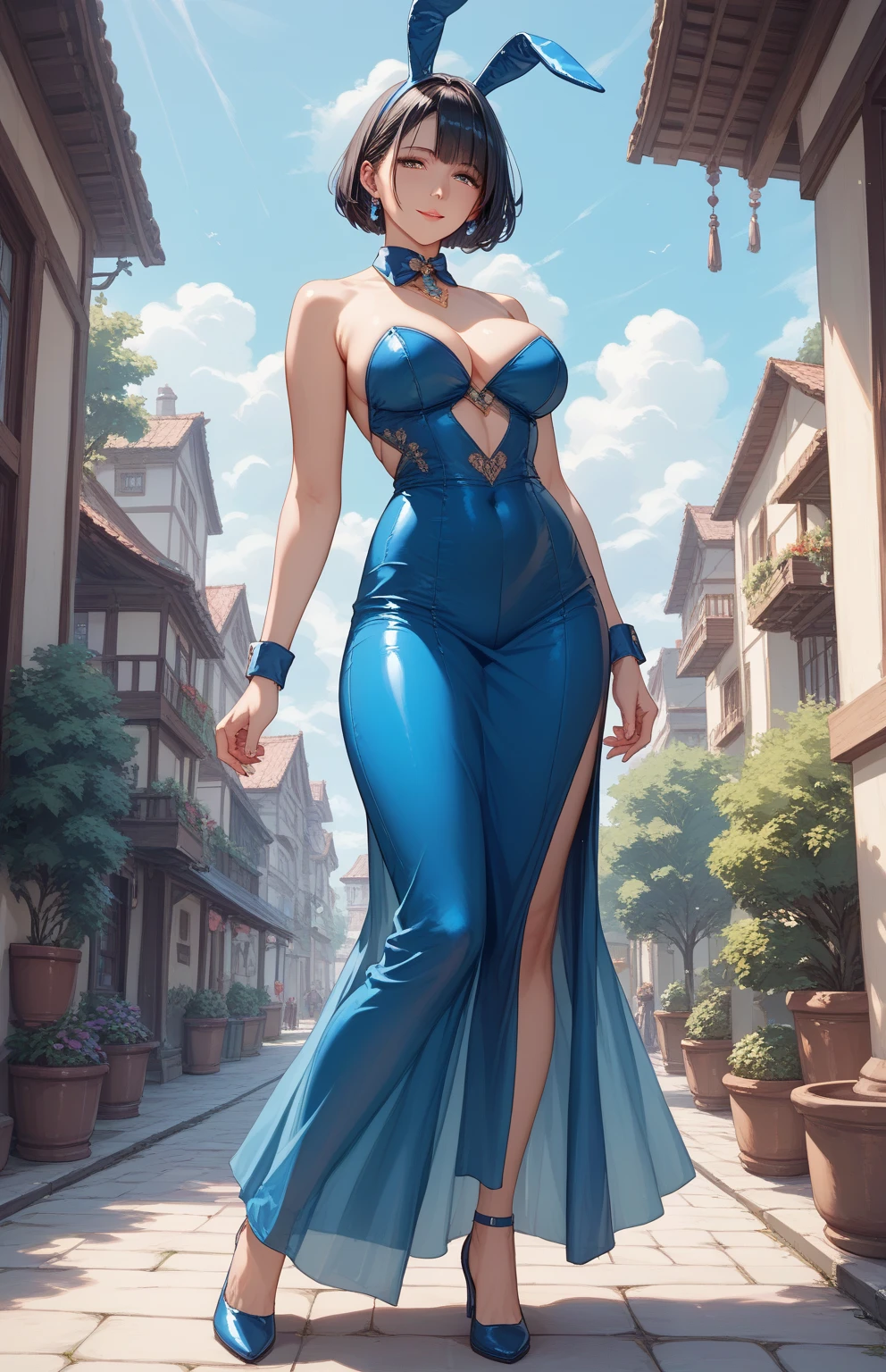 beautyfull woman, blue buns hair, black leotard, black pants, red lipstick, adult, sexy, holding handbag
