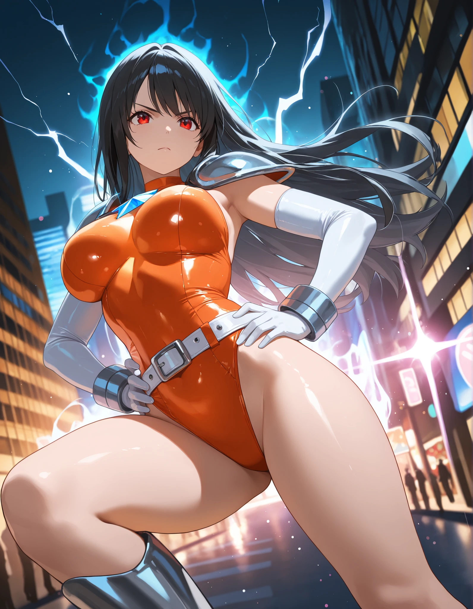 long black hair, colored skin, brown skin, blue eyes, solo, smiling, standing, upper body, hips, gigantic breasts, blue clothes, cleavage