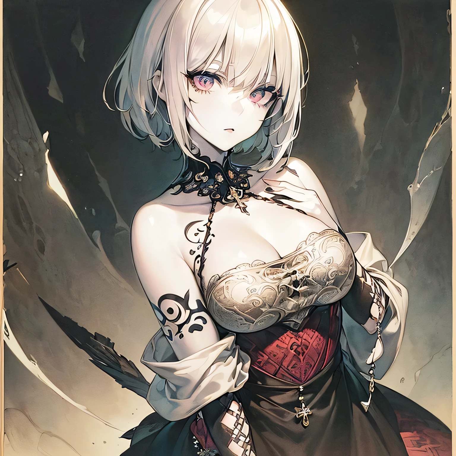 ((monochrome))(From the chest up:1.4)((masterpiece:1.5,Highest quality,Highly detailed images,Beautiful images、Realistic、Sketch、2.5D、Ink Painting、Portraiture))(1girl, 独奏)(medium breasts, white hair、bob hair)(profile,Gaze straight ahead、Shake your head、A sad expression, floating hair)(Plain background)from side