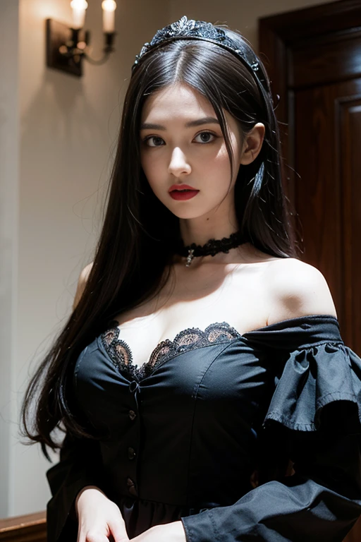 full body masterpiece, ultra realistic, 16k, high quality, incredibly detailed, dream aesthetic, dream atmosphere, cinematic, (sharp focus : 1.5), (photorealistic : 1.3), gothic (Gorgeous gothic girl), female beauty, defined jaw, square face, wonderful gothic girl (enchanting seductress), cinematic, detailed, 16k sharp focus, realistic. wonderful. Seductive (evil). Dark hair (realistic texture), highlighted, silky and shiny hair, detailed hair (realistic), black hair (natural). wonderful detailed face (enchanting seductress). blushed cheekbones (rosy cheeks), tanned skin, (white skin) alabaster skin that seems to glow ethereally. Her attire is gothic. Voluptuous shape. turquoise blue eyes (evil eyes look). a symmetrical face ::2 gothic clothes + ArtStation Trends + fantasy art + realistic cloth + fractals in the background, loose hair --aspect 9:21 – enhance your unearthly beauty. realistic skin texture, pale white skin illuminated. realistic perfect shading. absurd, realistic textures. alone, alone, 1 girl. Looking at the viewer. muscular female body, hot body, toned body, defined muscles. big natural breasts, cleavage. pantyhose, gothic (black) dress (realistic texture). In different positions at different angles. Bedroom background. incredibly real, best quality, photorealistic.