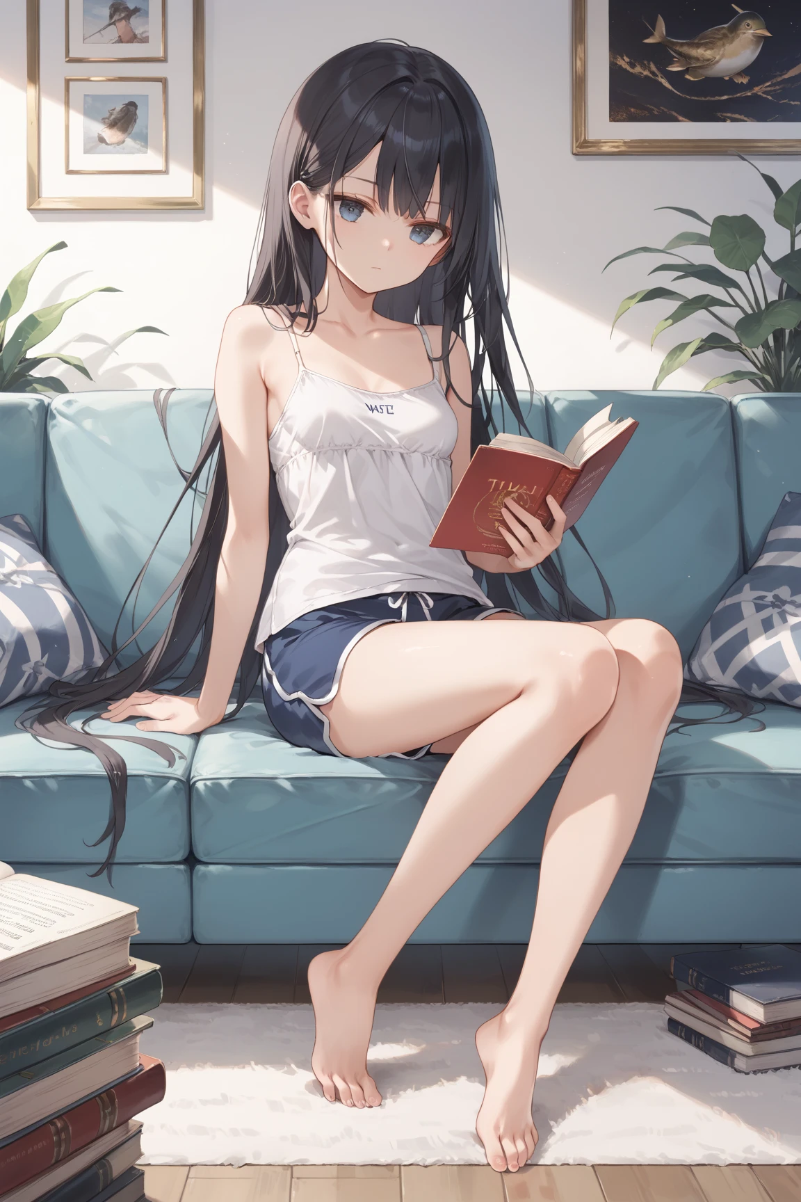 (Masterpiece: 1.1025), (Best Quality: 1.1025), (Ultra Detail: 1.1025), (Illustration: 1.1025), (Tousled Hair: 1.1025), (Little Woman, Cute, Dark Blue Long Hair, Both Sides Up: 1.05), (Infographic: 1.1025), (Uniform: 1.05), (All Clothes Composition: 1.1025), White Simple Panties, White simple bra, white simple camisole, socks, loafers, stationery, (solo: 1.1025),