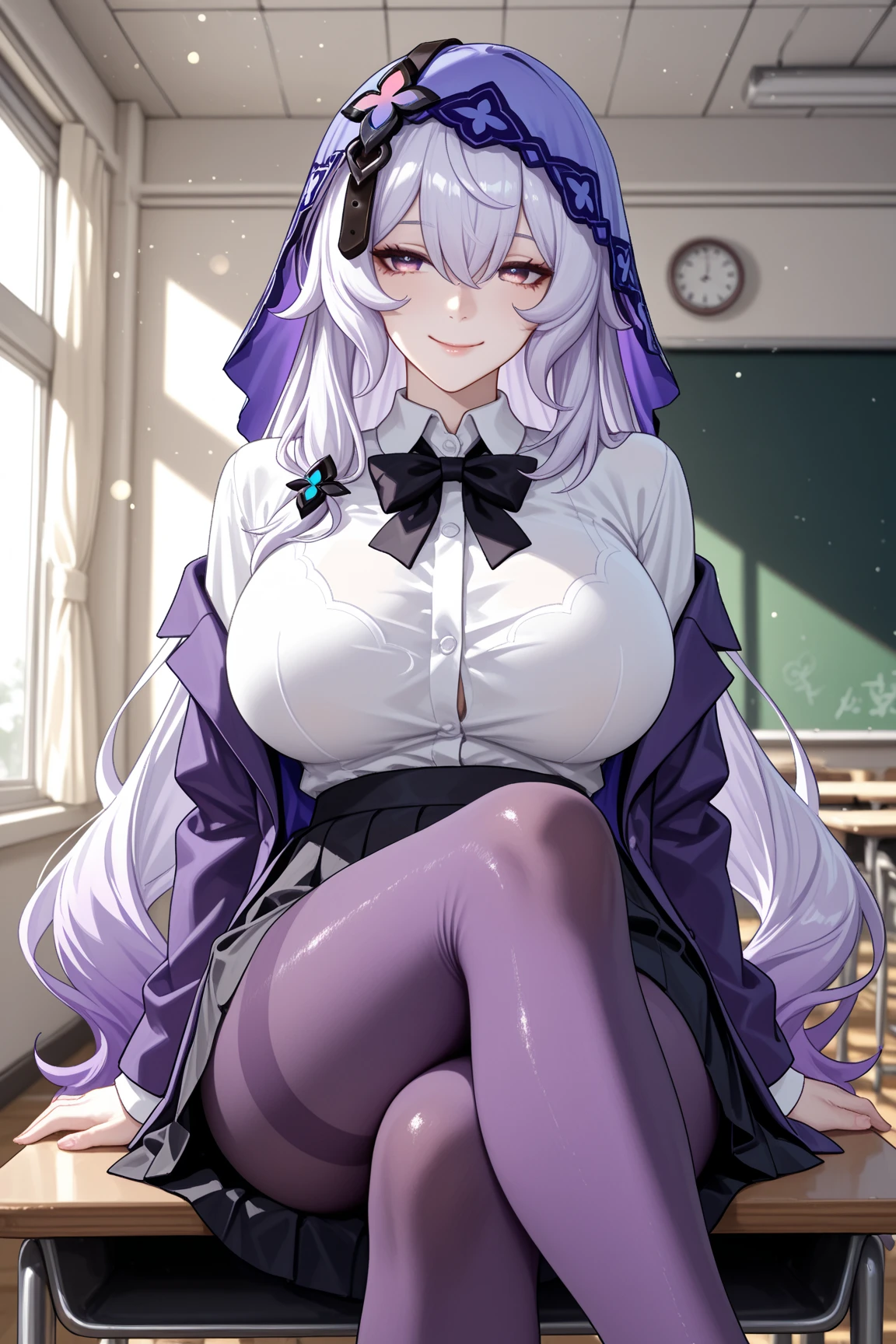 (masterpiece), best quality, expressive eyes, perfect face,1 girl, short spiky white hair, purple eyes, with bunny ears, star hair clips, white hoodie with a purple line in the middle, black panties, sexy socks, with big bunny tail, flushed, ((big boobs))