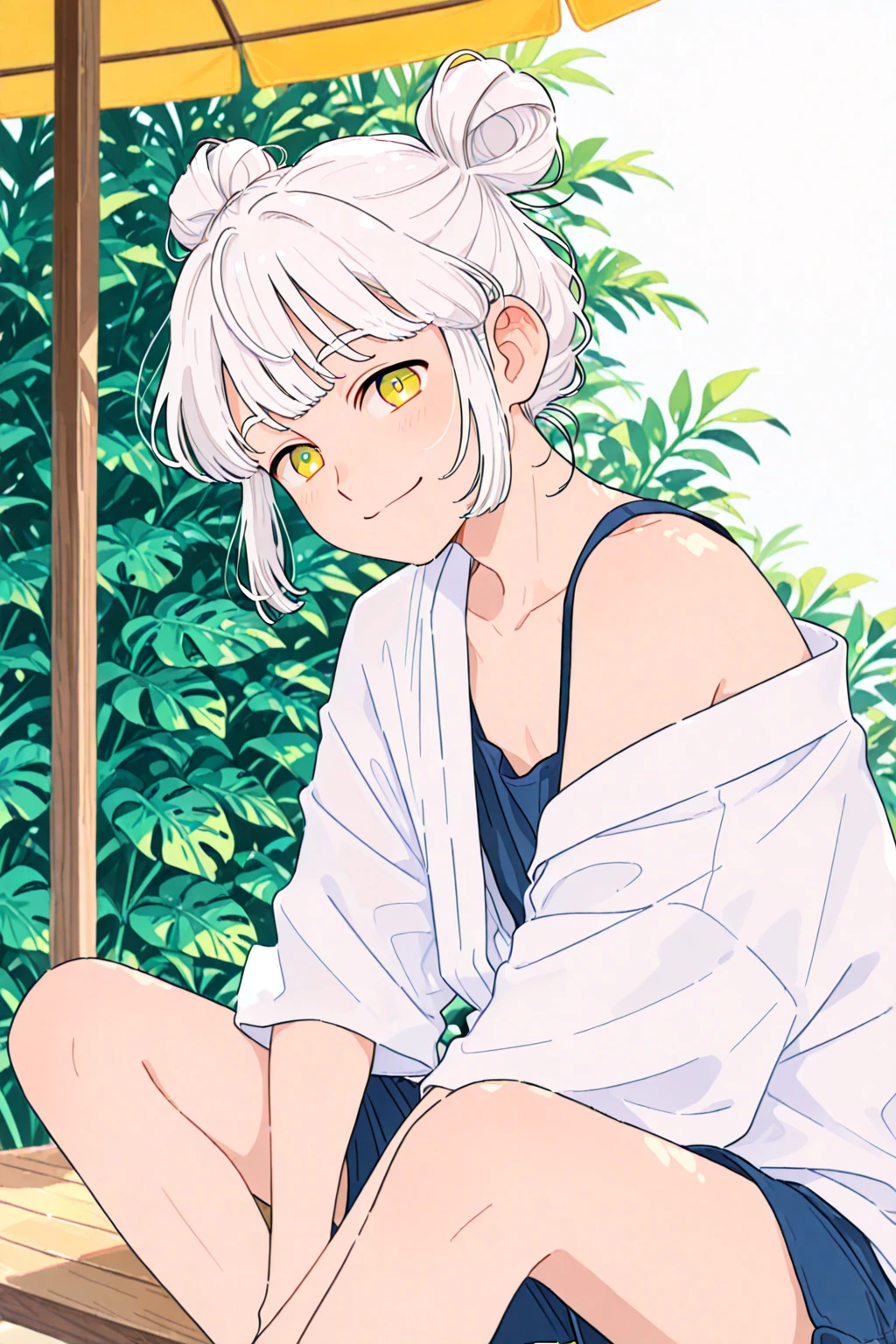 1girl, solo, masterpiece, best quality, white hair, short white hair, short hair, cloudy hair, curly hair, red eyes, glowing eyes, freckles, smile, white eyelashes, colored eyelashes, white robe, garden, flowers, on one knee, looking at viewer, white high heels, <lora:colored_eyelashes000:1>