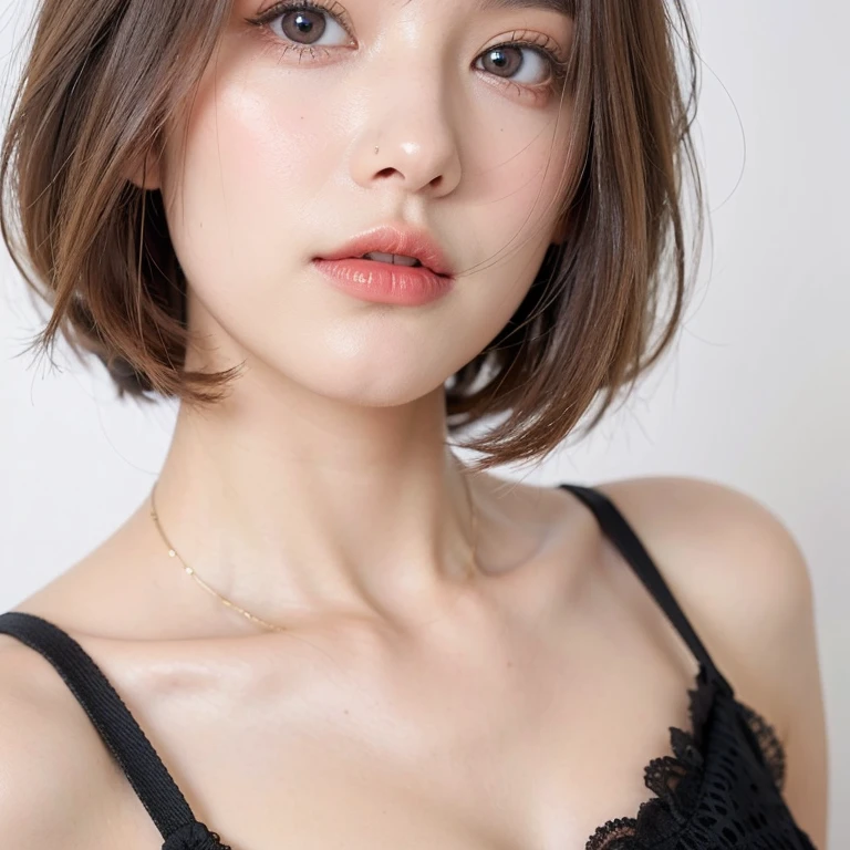 (highest quality,8k,32k,masterpiece,Ultra-high resolution:1.2),smile, Front facing, Professional Lighting, Flash photography, Shaded photos, Beautiful Japanese women in photos,Big cleavage,Very short bob hair,Upper Body,Face Focus,Extra Large_sweater,Choker Necklace,Gray background, ((Black clothing with a wide open chest:1.2, Tight clothing:1.2))