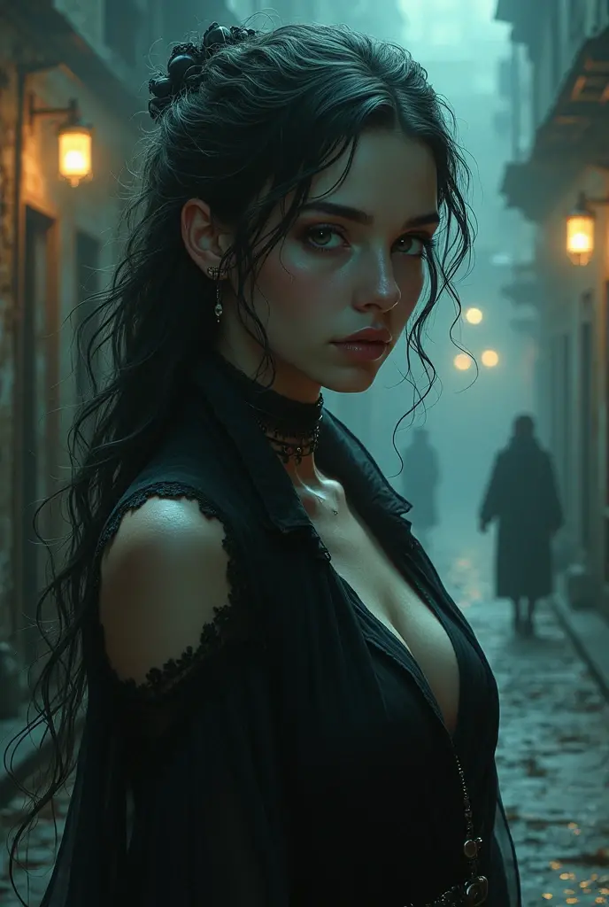 (torso of a young woman), (best quality,4k,8k,highres,masterpiece:1.2),ultra-detailed,(realistic,photorealistic,photo-realistic:1.37),dark fantasy,street scene,unfamiliar environment,detailed buildings,ominous atmosphere,mysterious creatures,horrifying presence,unsettling,shadowy figures,intense darkness,young girl,long hair,innocent face,vulnerable position,hopeless situation,distressed expression,starry sky,dimly lit street lamps,dark colors,overgrown plants,quirky architecture,strange symbols,haunting shadows,abandoned feel,loneliness,magic in the air,creepy atmosphere,enchanted surroundings,gothic elements,otherworldly aura,dramatic composition,contrasting light and shadow,foreboding,uncertainty, bright weather, sunny day, brigth ambiences, light everywhere, nsfw, exposed woman, naked woman, nude boobs