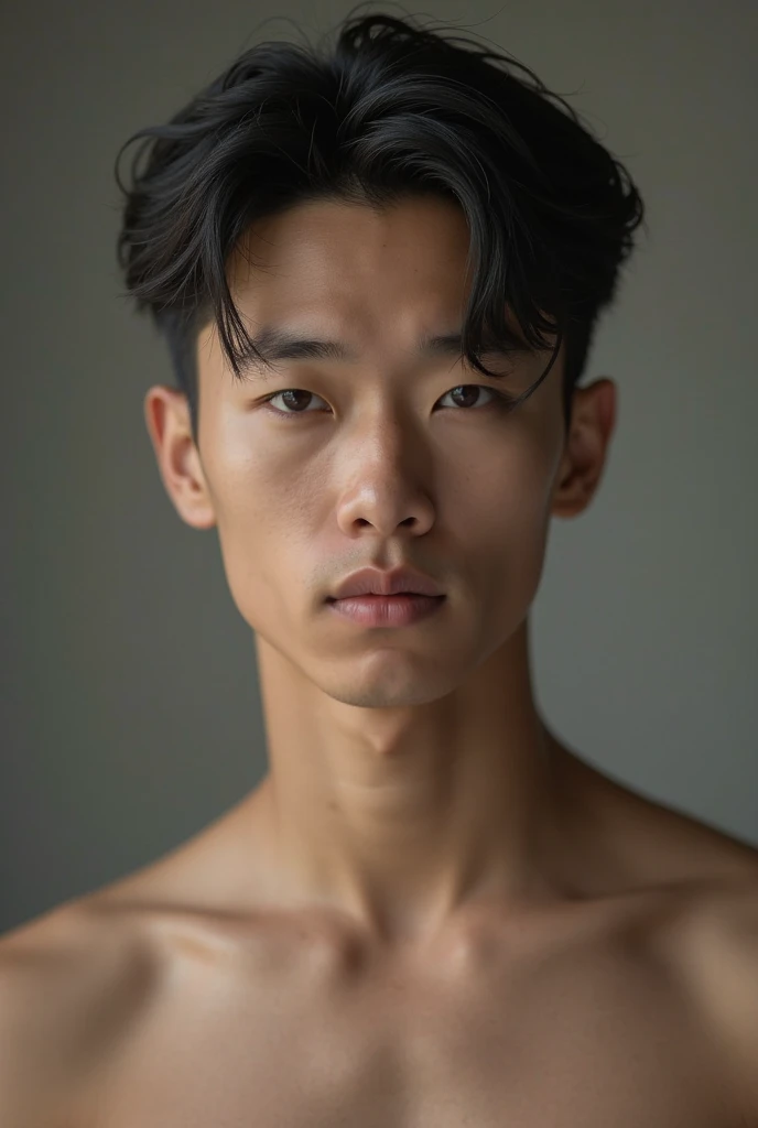 Portrait of 22years old asian man with black mushroom cut hair and clean, fresh skin, narrow eyes, (single eyelid), hollow cheeks, closed mouth, (fashion model, runway), the image is horizontal for banner space, showing a close-up of a human subject in the right position. It is photorealistic, a natural shot captured by the best studio photographer.