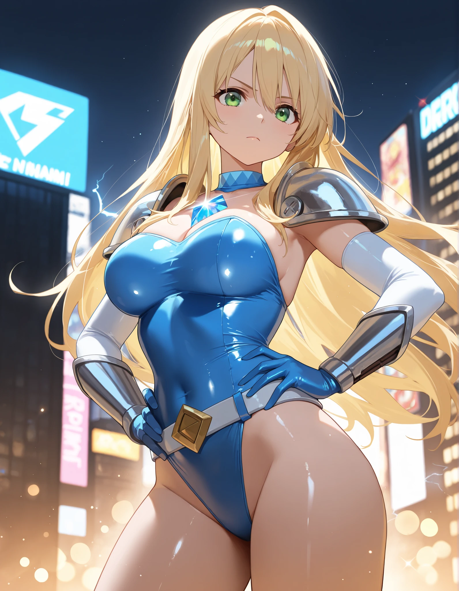 (((masterpiece))), (((best quality))), ((ultra-detailed)), (illustration), ((an extremely delicate and beautiful)), ((super detail)), ((high resolution)), (((20 years old))), ((metallic cloth)), (cheerleader), (super heroine), (android), delicate metal decorations, gleaming skin, shiny body, two legs, breast focus, (((tall))), slender legs, ((big round eyes)), cute eyes, drooping eyes, ((adult)), two hands, five fingers, no extra hands, elegant smile, braid, ((metallic blue)), (see-through), (dark blonde), (((ultra-huge breasts))), (shining brightly), outdoor, mini skirt, daytime, ((biopunk)), (hair shorter than shoulder), (medium length hair), gynoid, (slimy shining competition swimsuit), city, ((midriff-baring outfit)),