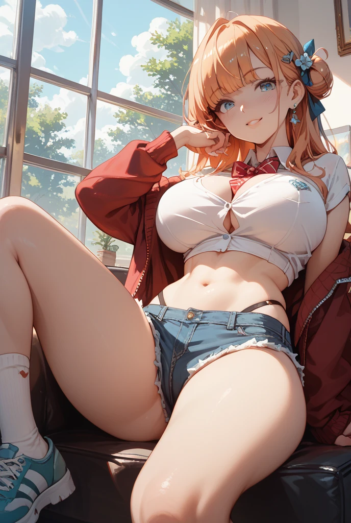 1 girl,highest quality,Super high quality,highest quality,anime characters,beautiful eyes,Detailed contours,big breasts,spread your legs,sweat all over,Red hair,beautiful big breasts,Exposed shoulders,Full view of pussy,smile,spread your legs,short hair,white mini skirt,Underboob is fully visible,angle from below,I can see your belly button,on the bed,Y-shirt,touching my pussy,is beautiful,open your mouth,Don't show your nipples,A large amount of semen is overflowing from the pussy,