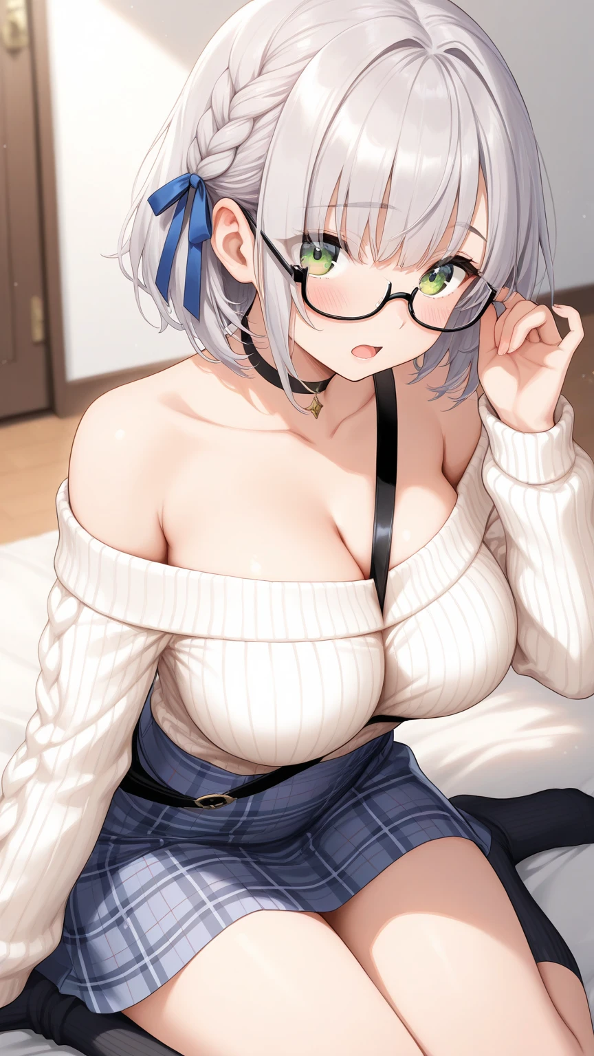 ((Highest quality)), ((masterpiece)), (detailed), One person,Age 25,(Black knit sweater),(mini skirt),Shoulder Bare,Glasses,Big Breasts,blush,Underbust,(Her cleavage is visible),(Excited expression),(Seduce),night,indoor,Remains,nightのRemains,Dim lighting,(In a dimly lit room),(In a messy room),Browsing Caution,sexy,dirty,Sweat,(Black knee-high socks),