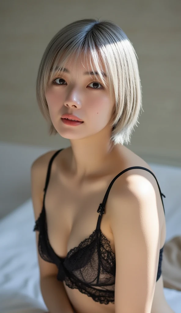 (((Very elegant and beautiful, Perfect detail, Very detailed))), Semi-nude、Above the knees shot、Small 、Pantyhose、White sexy bra、boldly open your legs、Old Japanese house、Lying in bed、Hide your fingers、 whole body, The most detailed girl, Written boundary depth, 美しく詳細なwhole body, Thin legs, 1 Girl, 30 years old, Very short hair, Spiked Hair, Gray and silver hair, Beautiful detailed hair, Perfect Face, smile, Beautiful, detailed, deep eyes, Please open your mouth a little, Delicate arms and hands, Earrings, Beautiful and gorgeous necklace, HD background, Blurred Background, Very delicate and beautiful, masterpiece, (((Trendy hairstyles))), (Inside the room,Stylish interior,window),