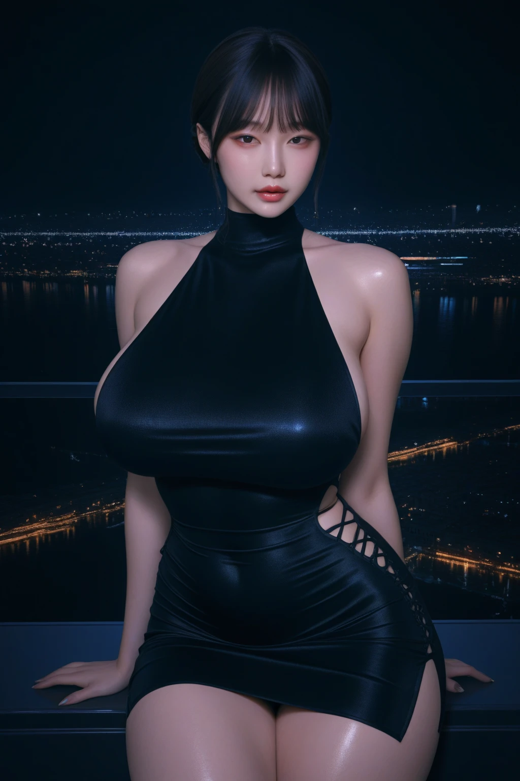 4K Ultra Sharp、Highest quality, masterpiece, Ultra-high resolution, (reality: 1.4), 16-year-old girl, Purple eyes, Off-the-shoulder sweater dress, Cinema Lighting、purple and black hair、(Mine Girl、Goth Makeup、Mine Make-up)、(Earrings、Big Breasts、An oversized black t-shirt with open shoulders、Dark mini skirt)、((Heavy makeup、Oilskin,Glowing Skin、Realistic skin texture、Beautiful skin in every detail、Shiny skin)), Dark downtown at night、night、blue film photography、Dark Cyberpunk、(Full Shot:1.8)、Thin legs、Thin arms、Narrow shoulders、Narrow waist、Slender body、微Big Breasts、whole body、Short Hair、とてもShort Hair、Calm pose