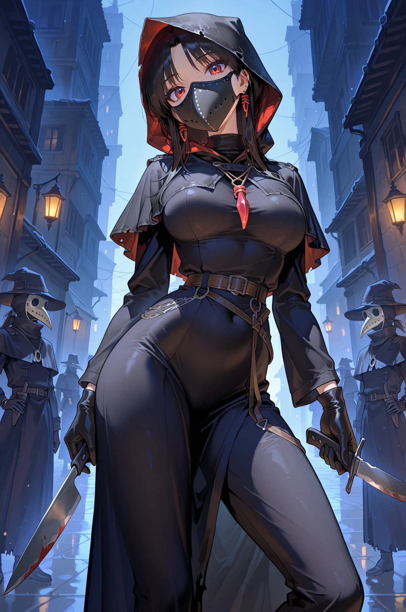 Nsfw, masterpiece, 1girl, solo, black hair, high ponytail, blindfolded, mouth gag, light blush, drool, composed, scarf, flowing scarf, bare shoulders, naked, gloves, wrist cuffs, arm tattoos, big breasts, cleavage, nipples, navel, pussy, thighhighs socks, high heels, walking, night, outside
