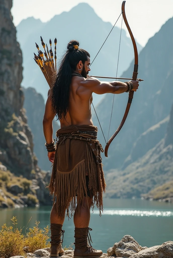 An Indian man, strong but not muscular, with big hair, sem beard, around 30 years old,
 with a bow in hand in northeastern Brazil, in the caatinga and aiming this bow somewhere, and with his face painted with indigenous paints